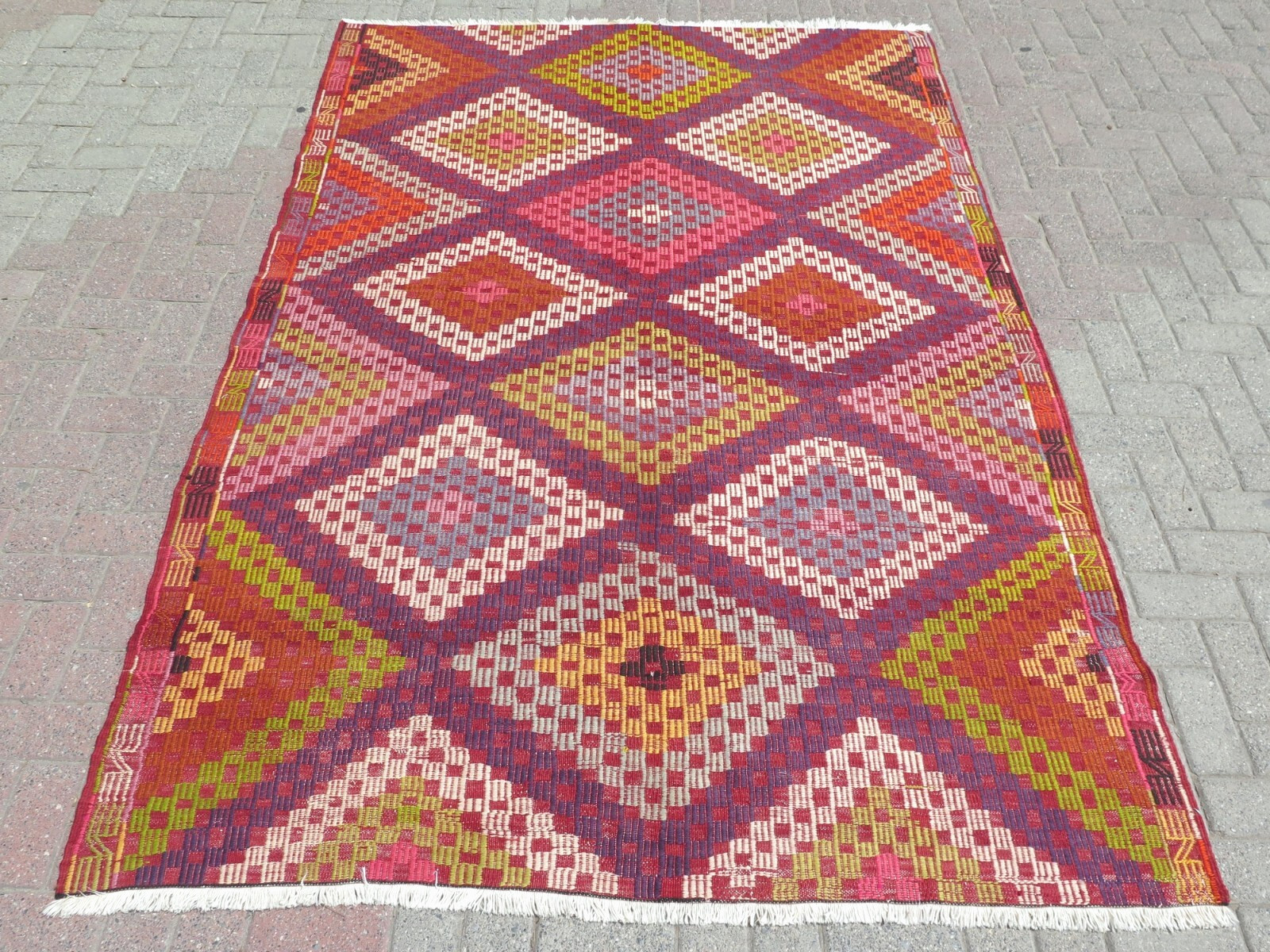 Vintage Turkish Handmade Wool Kilim Rug, Large Floor Carpet Embroidered 67″x102″