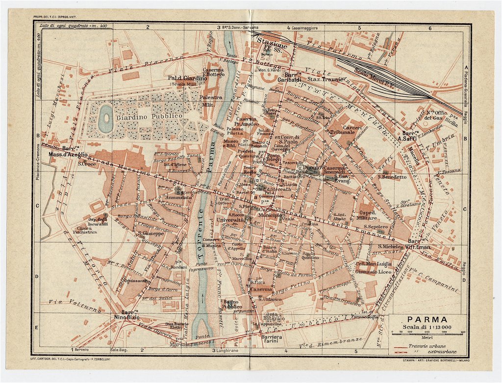 1927 ORIGINAL VINTAGE CITY MAP OF PARMA / EMILIA-ROMAGNA / ITALY