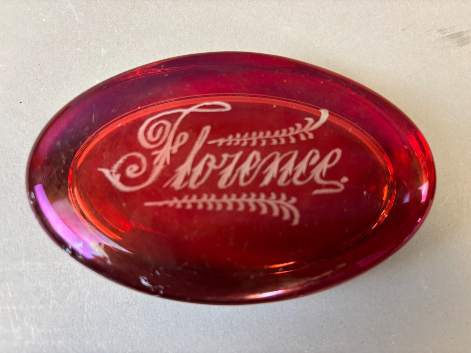 #1169 Antique FLORENCE Ruby Red Flash Souvenir Glass PAPER WEIGHT