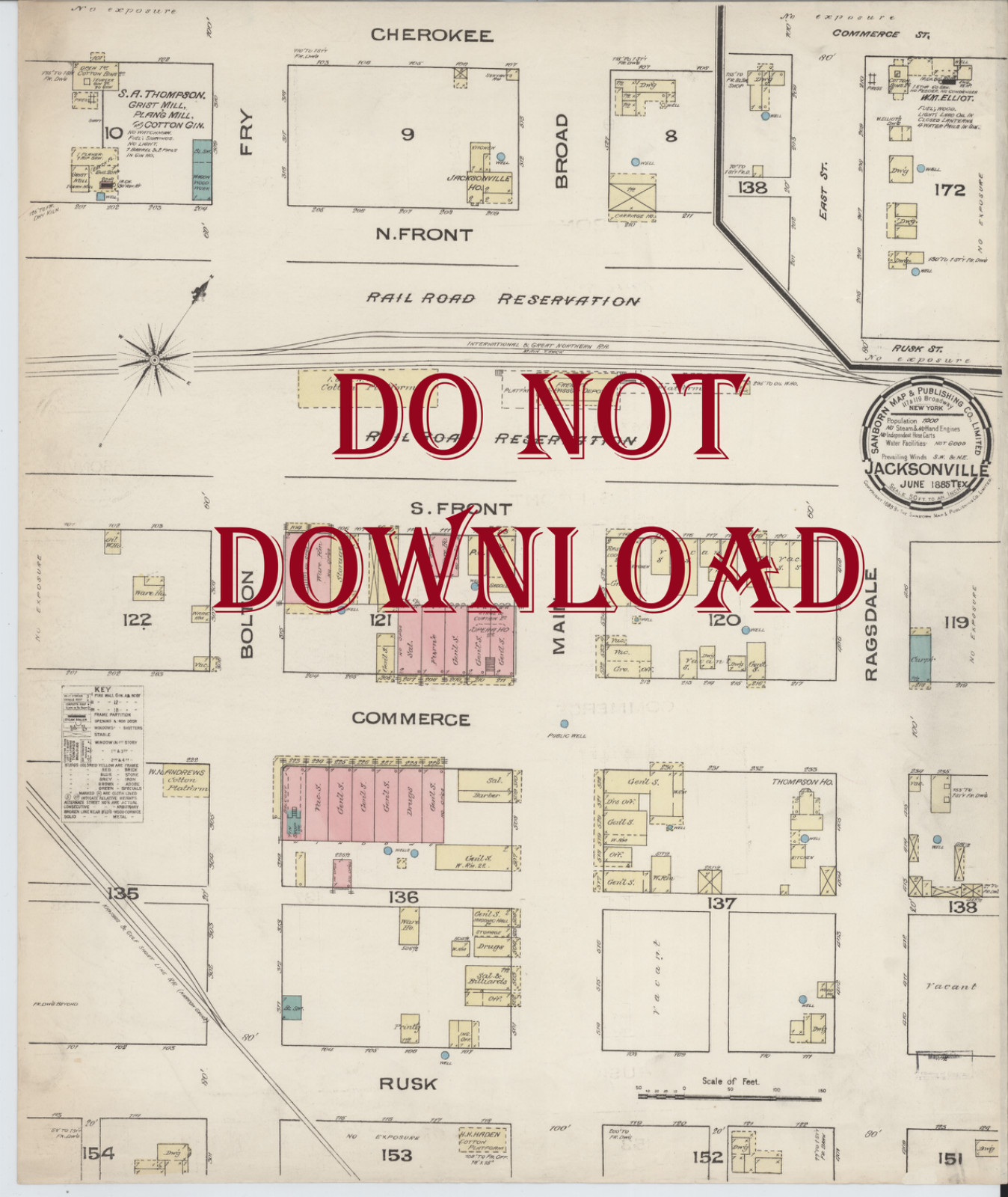 COPY 1885 Historical MAP Jacksonville TEXAS 17″ X 20″ VERY DETAILED Full Color