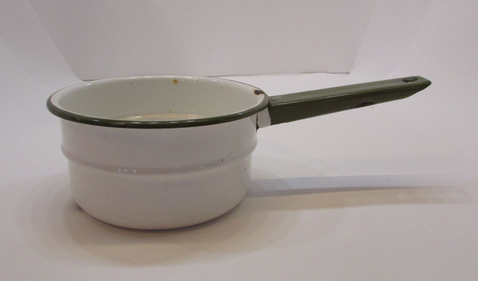 Primitive Old 1950s White Green Handle Enamelware Vintage Double Boiler Top Only