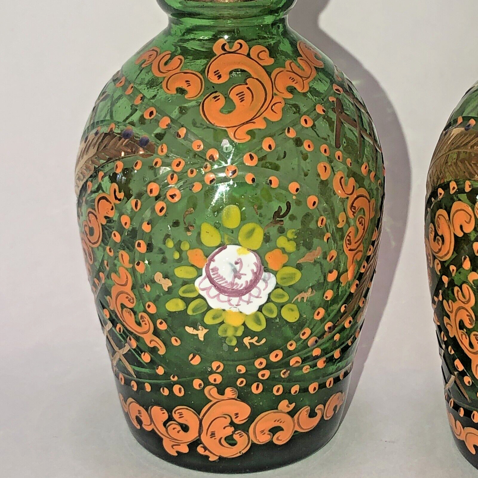 2 Enamored Hand Painted Floral Green Glasses Decanters Middle East 20th Century
