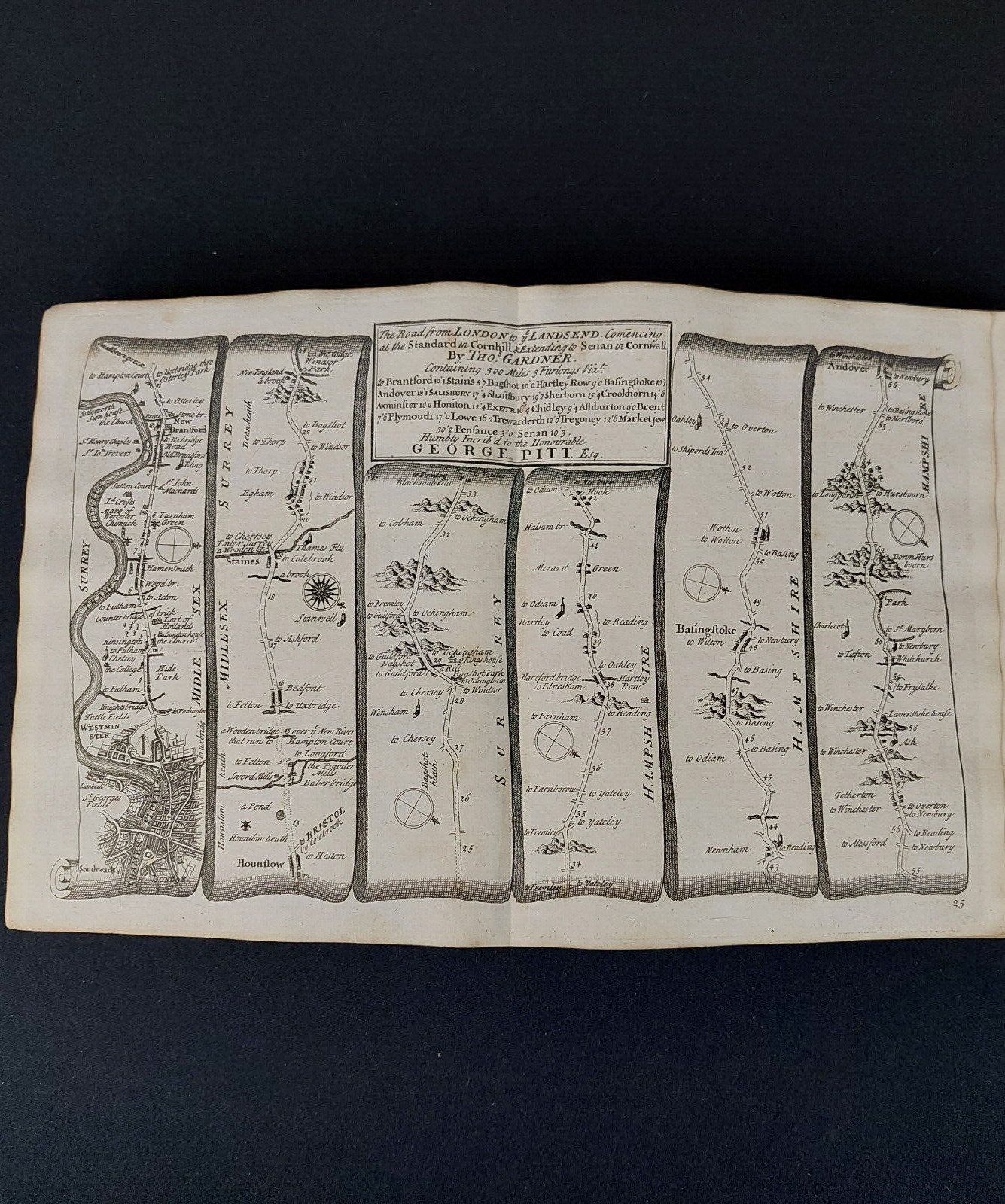 London to Andover Road Map, Thomas Gardner 1719 Original Staines, Basingstoke