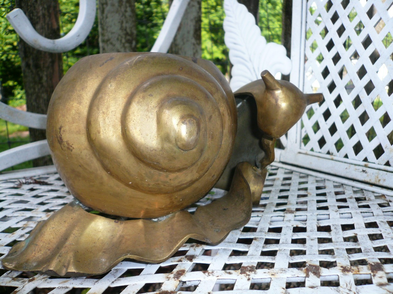 EXQUISITE OLD PATINATED SOLID BRASS VINTAGE SNAIL GARDEN PLANTER 9 1/2″ LONG