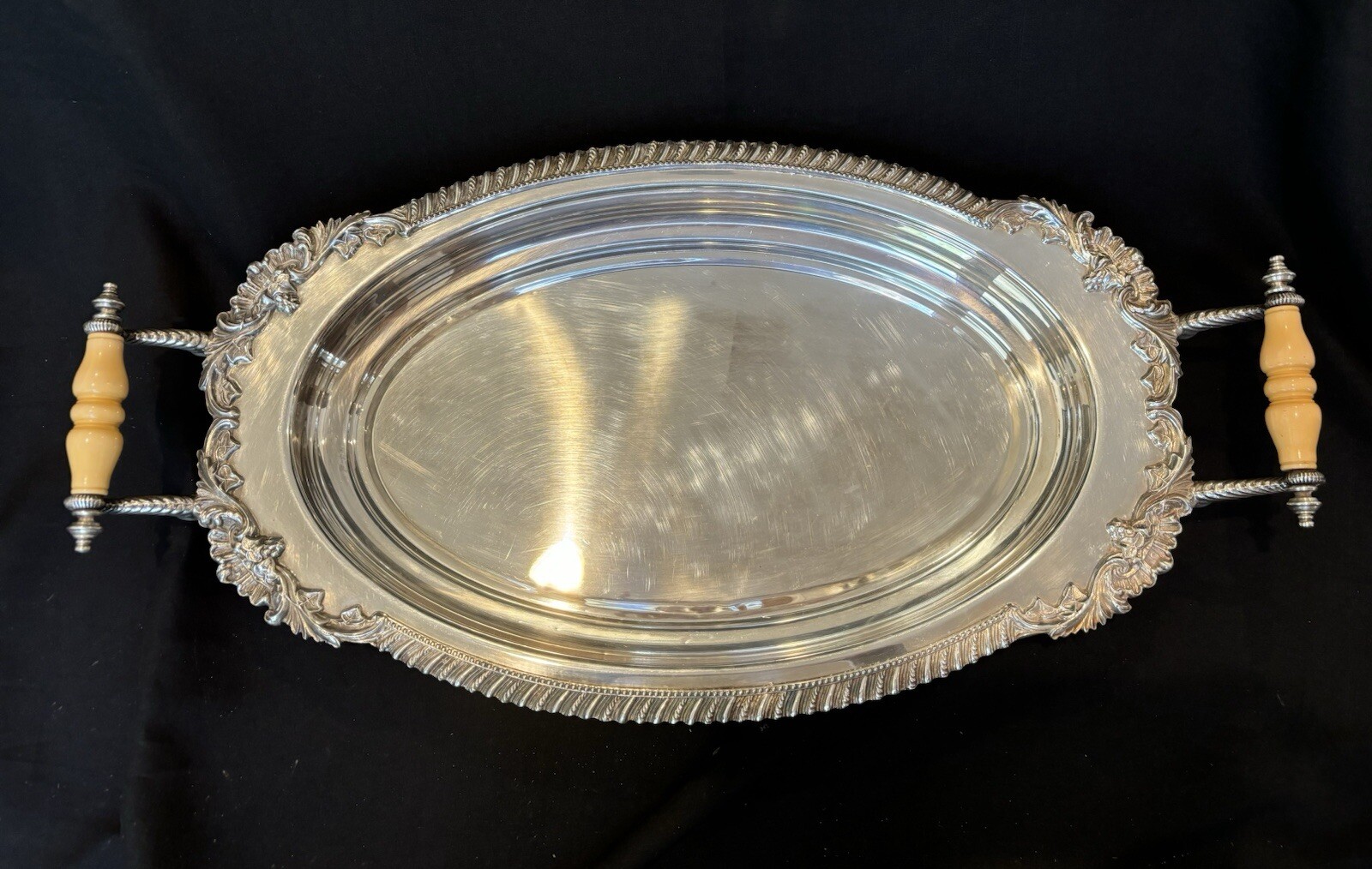 Antique Large Silverplate Footed Tray W/ Celluloid Handles Crown Service Co mark