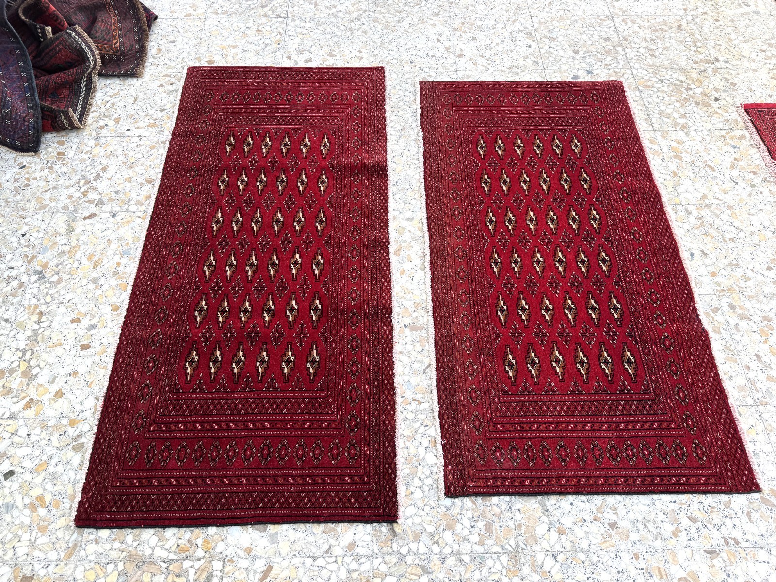 Pair Of Two Afghan Turkmen Small Rug 2×5 Red Hand Knotted Geometric Area Carpet
