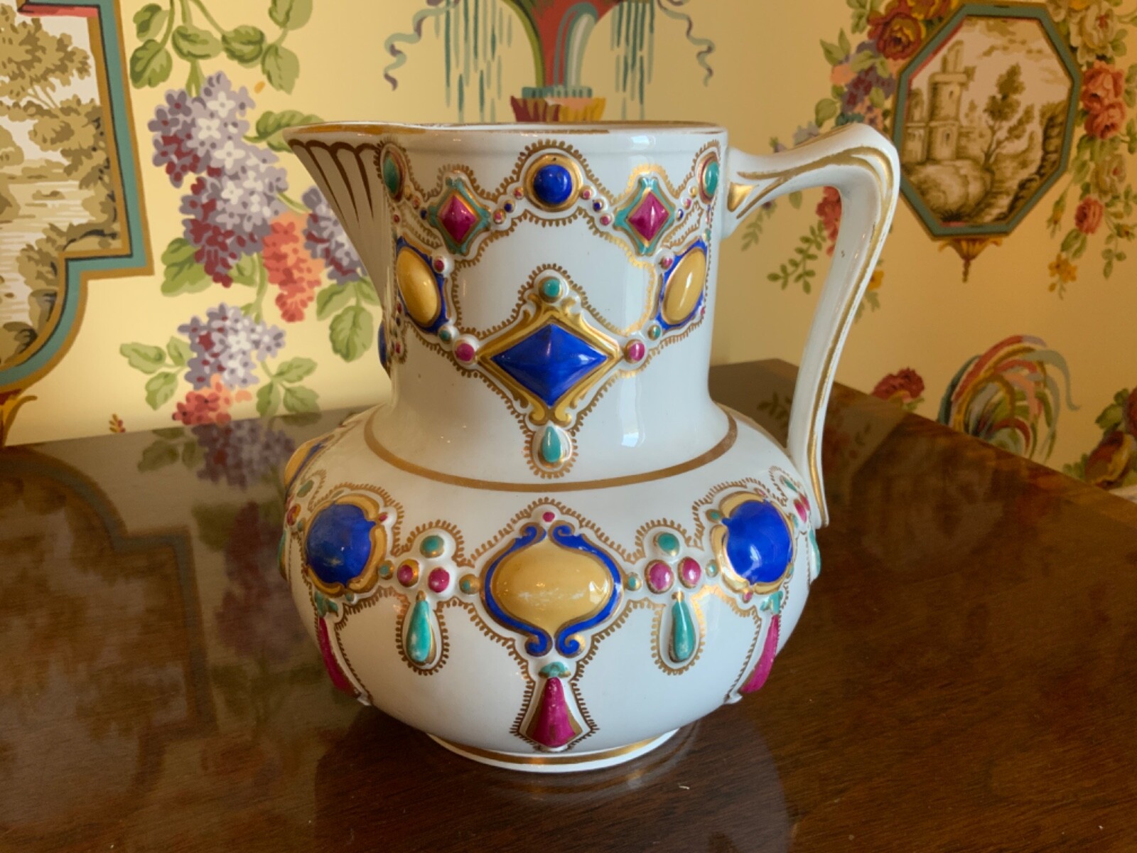 English Victorian Jeweled Design Pottery Jug Pitcher C1890