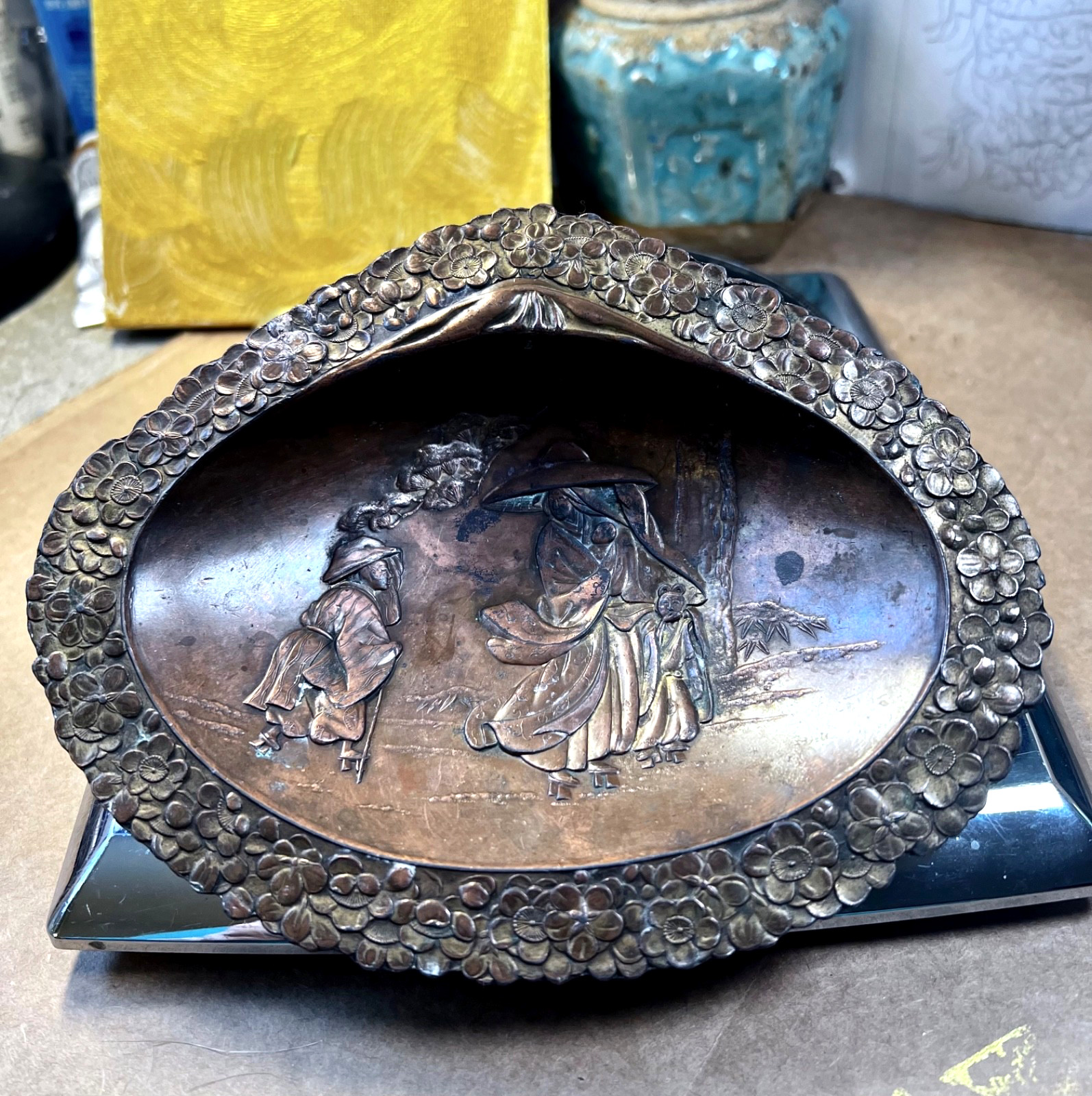 Antique Japanese brush washing dish – 19th century – Antimony copper clad