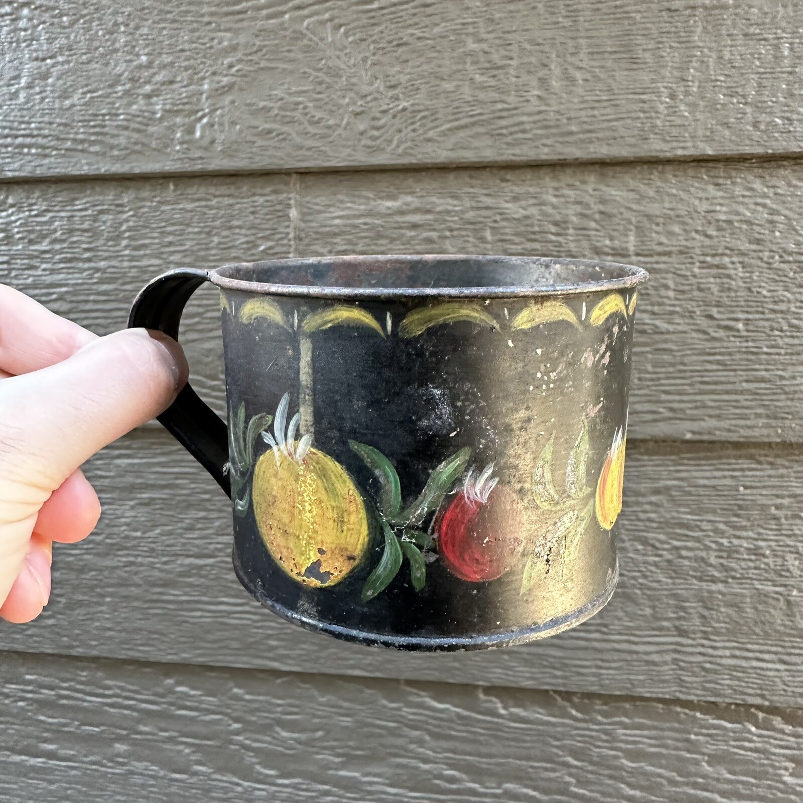 19th C Toleware Cup Background-Original Painted Floral Folk Art Decoration