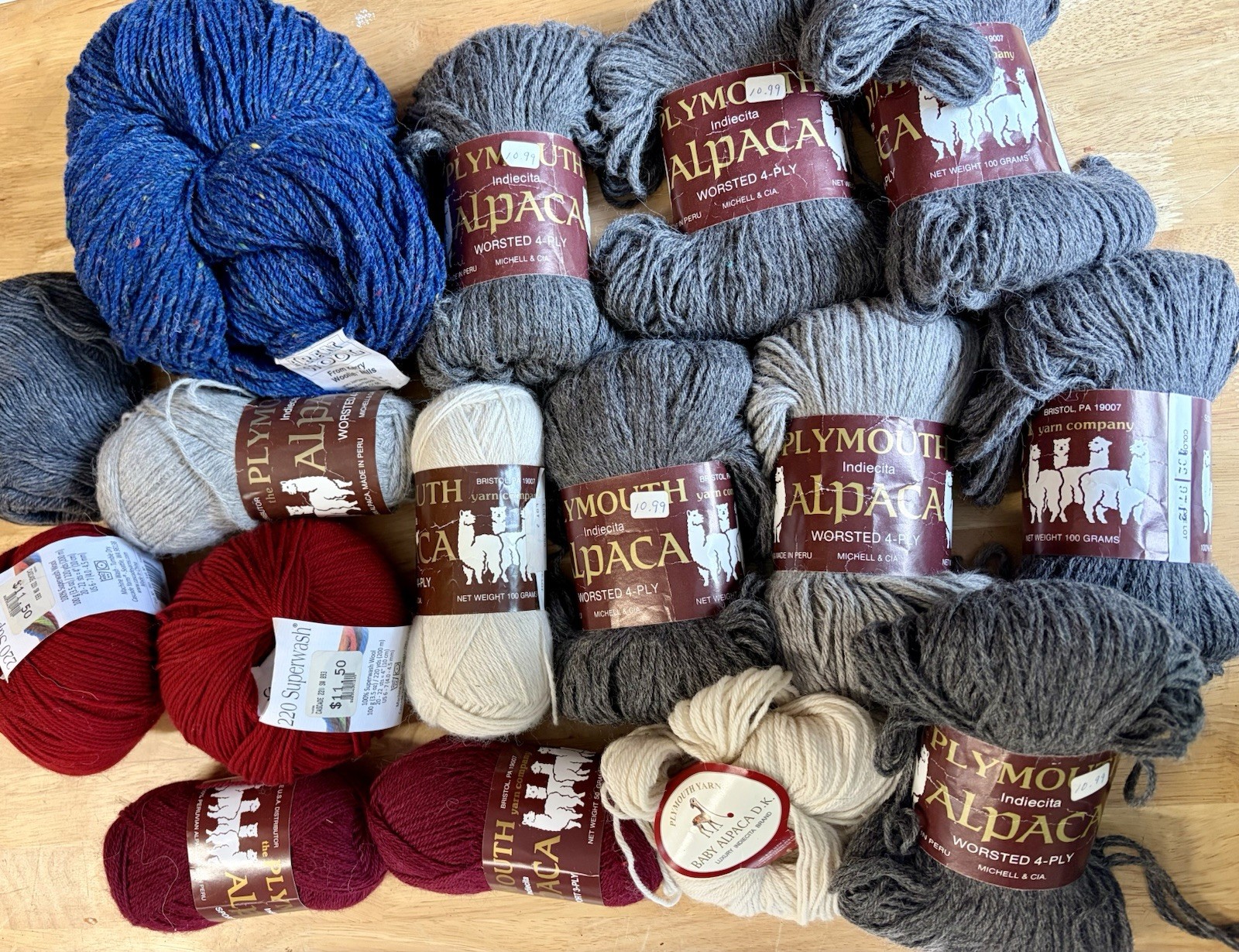 4 lb lot of Plymouth Indiecite alpaca yarn-1 wool hank-gray-burgundy-off white+