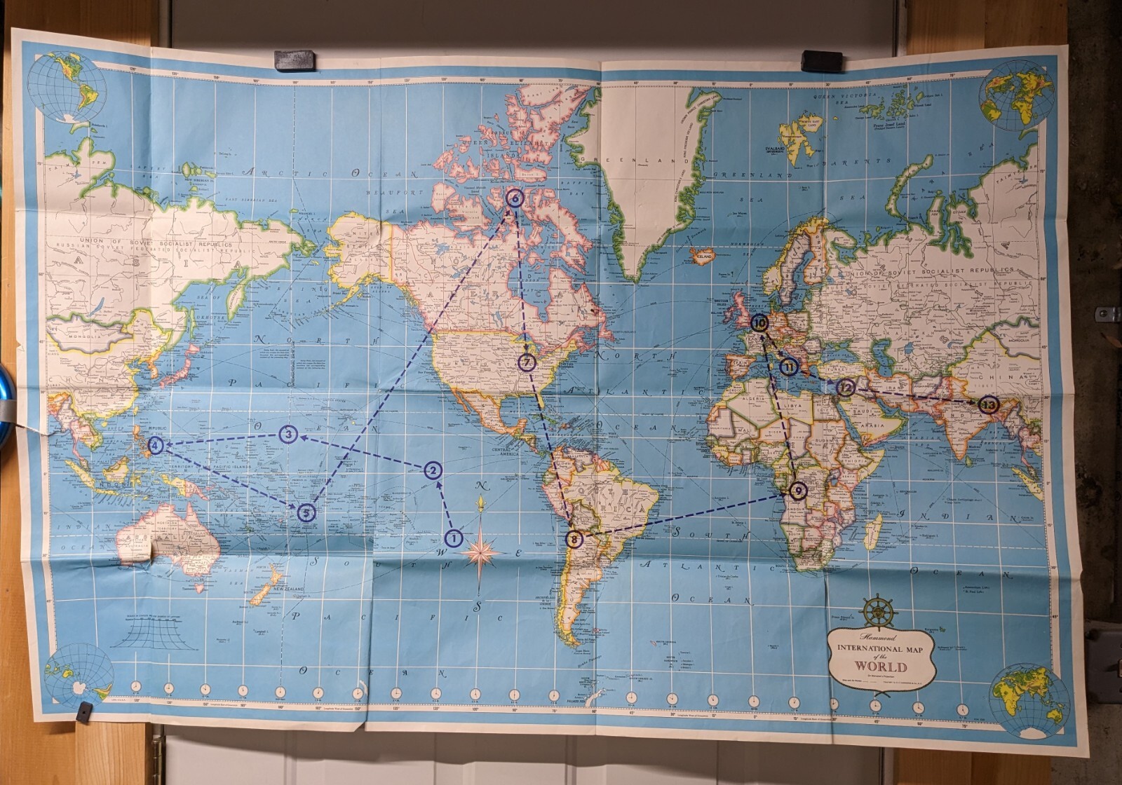 VTG Hammond’s International Map of the World 50×33 in, Marked, Folded
