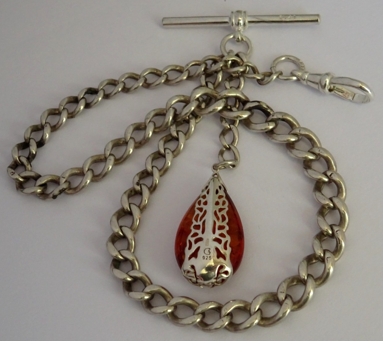 Lovely antique solid silver pocket watch albert chain & silver fob set w/ amber