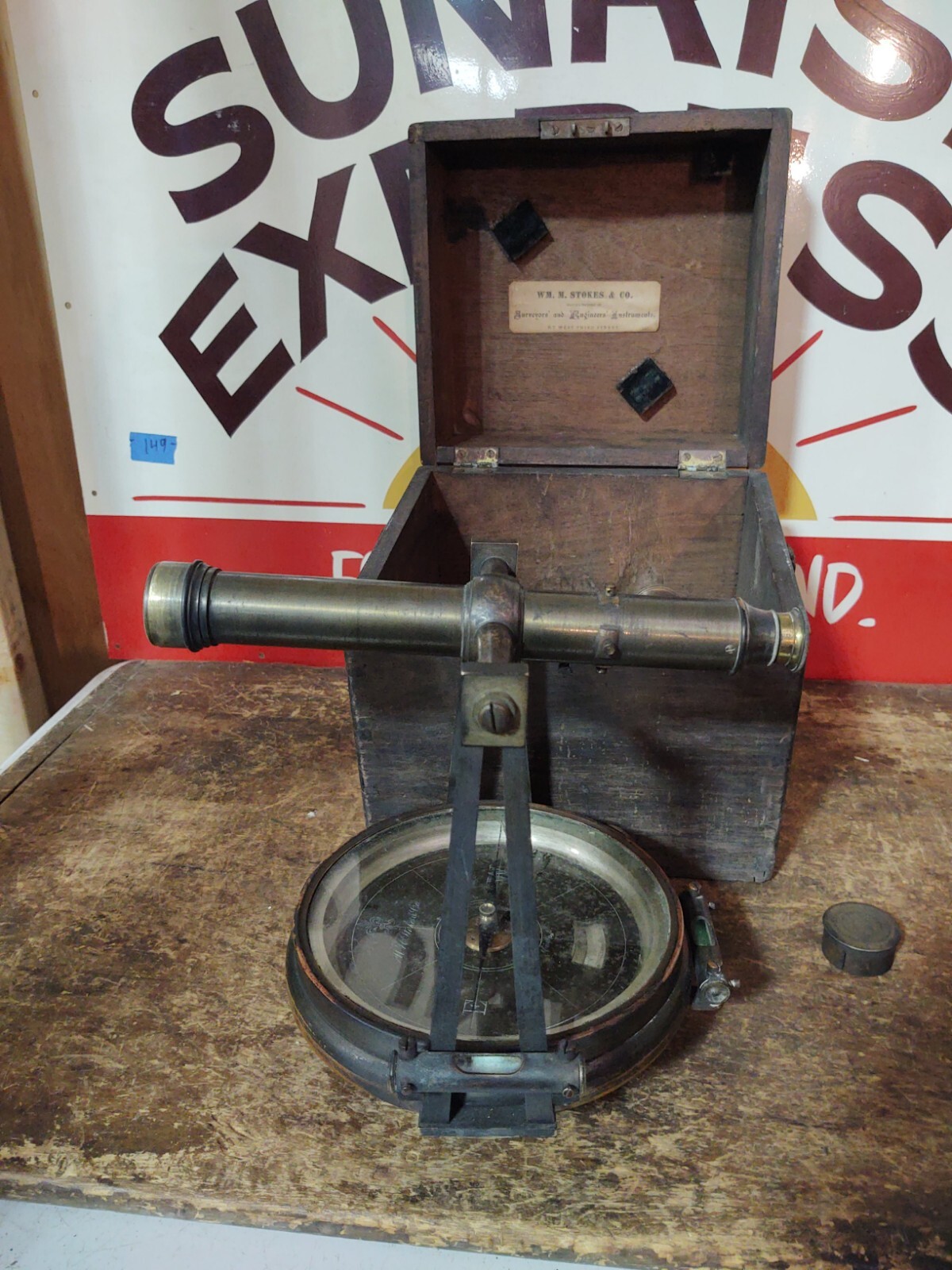 RARE Antique WM. Stokes Surveyor Compass Transit W/ Wood Case Cincinnati Ohio