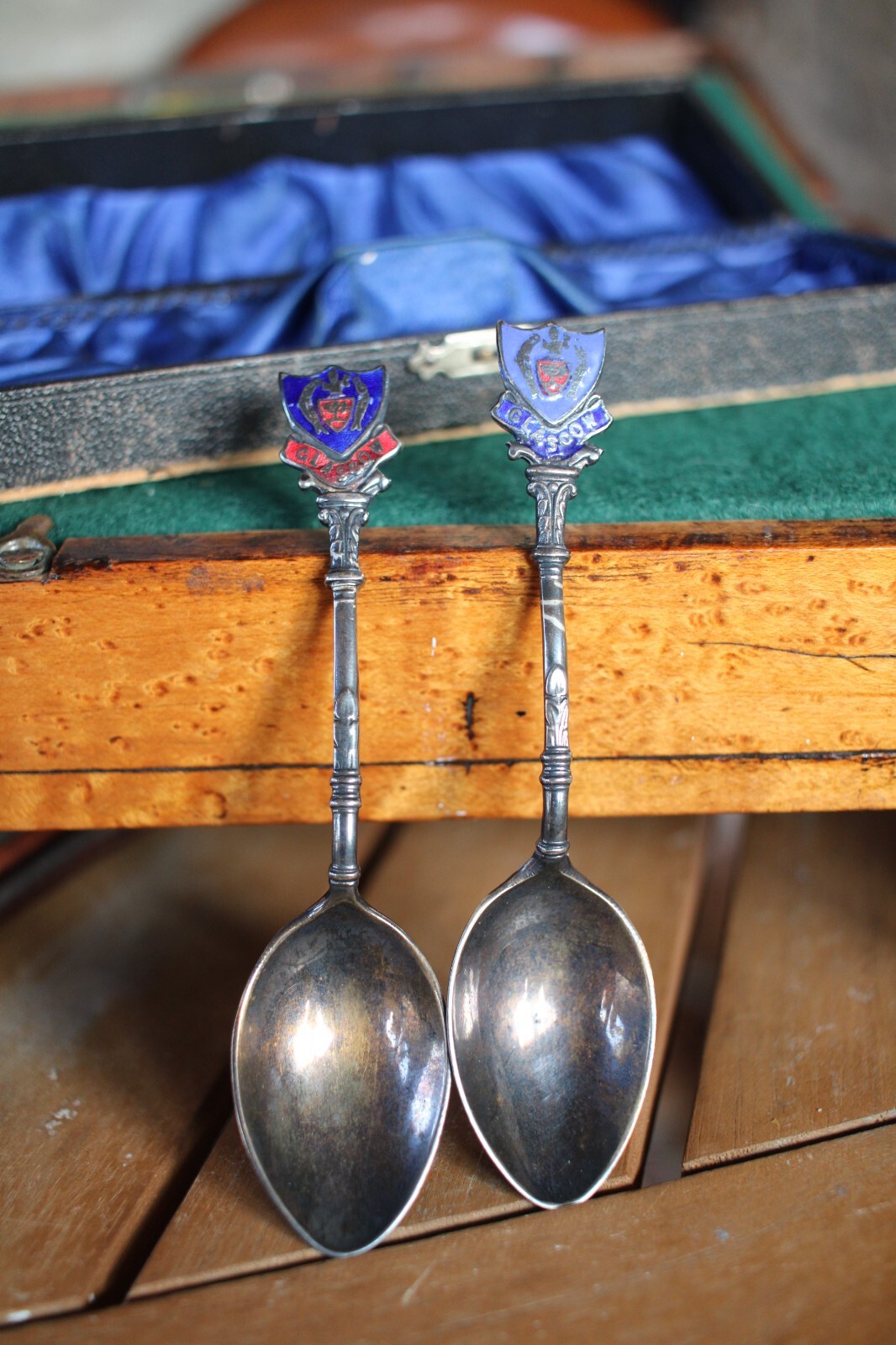 Pair of Silver Plated Antique Glasgow Crested Spoons in Box
