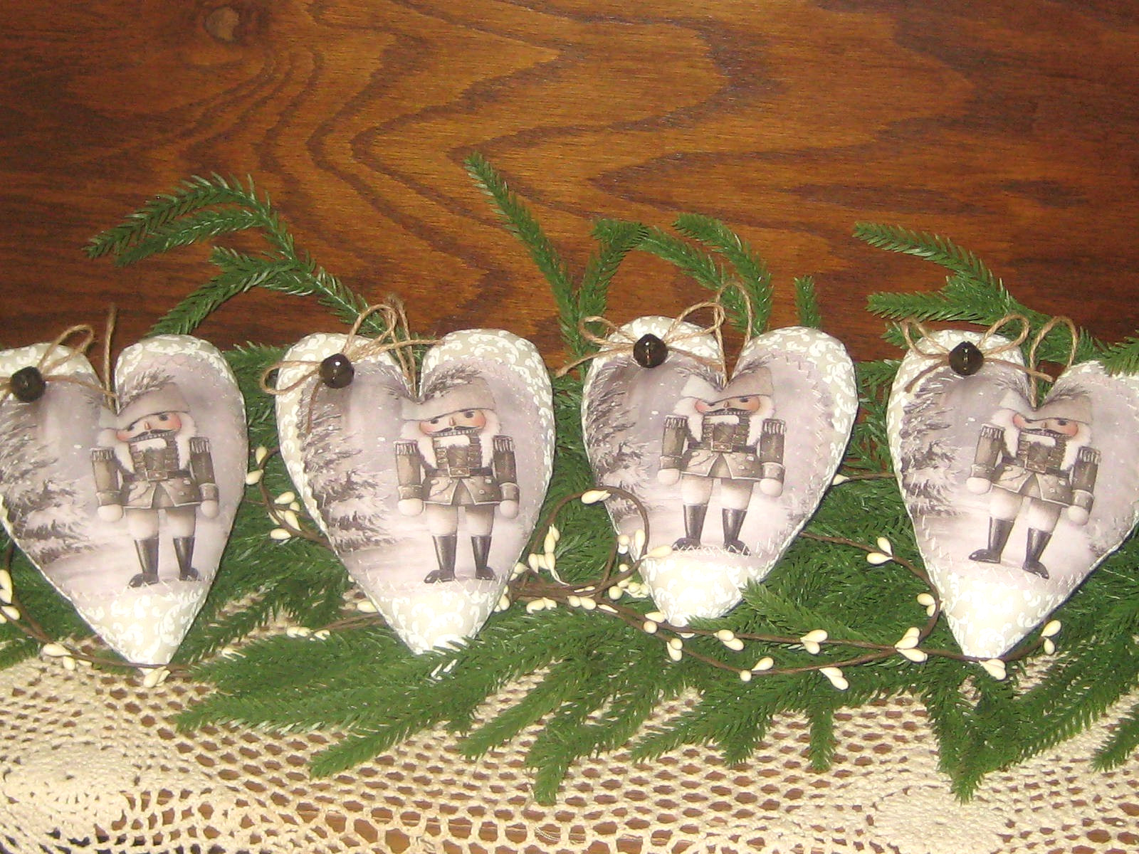 Rustic Farmhouse Christmas 4 Nutcracker Hearts Handmade Ornaments Bowl Fillers