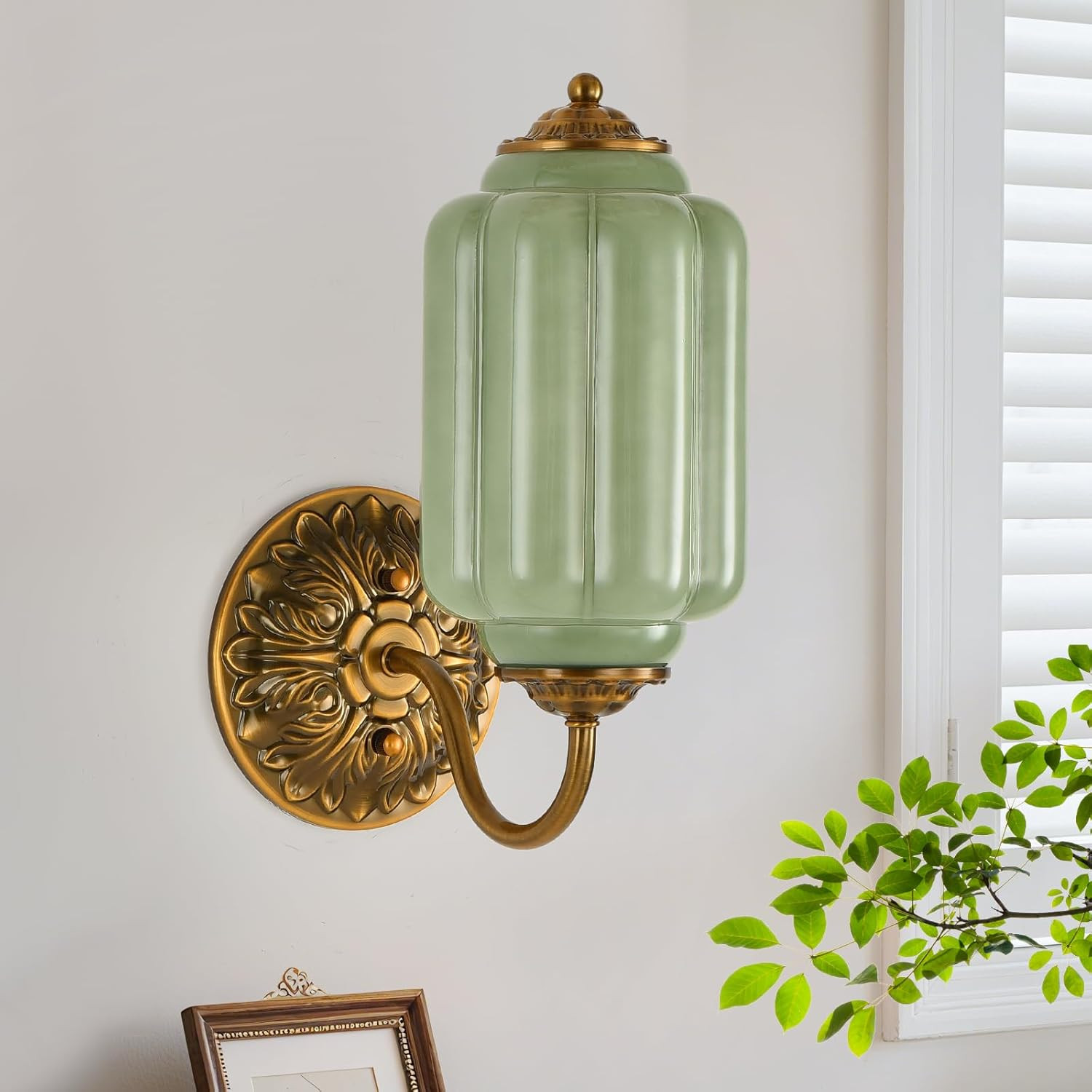 Art Deco Green Milk Glass Wall Sconce, Gold Trim, E12 LED Bulb Included