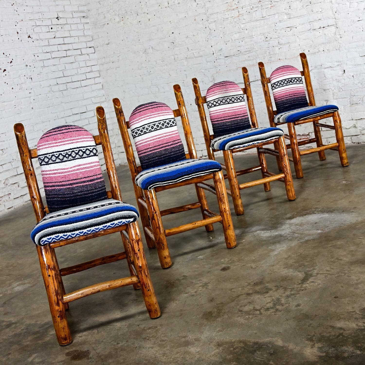 Rustic Natural Log Frame Dining Chairs Traditional Serape Blanket Upholstery