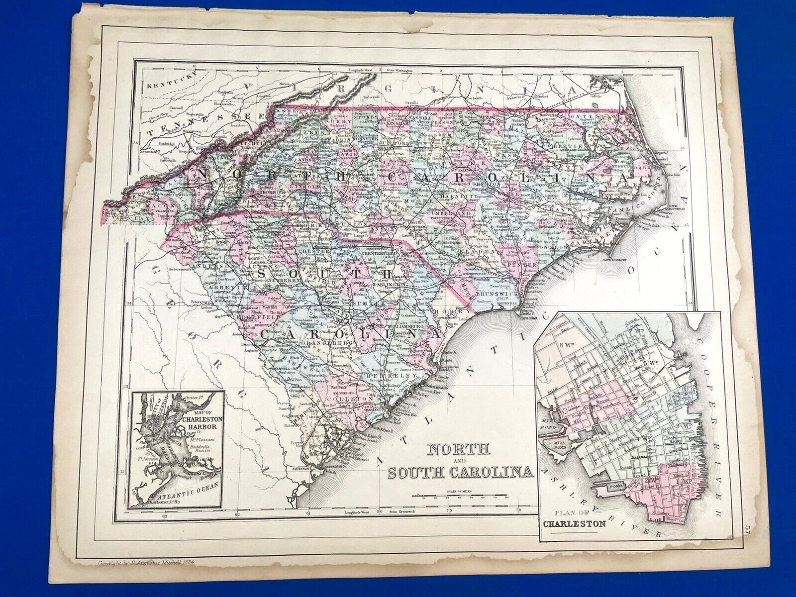 1884 Color Map NORTH & SOUTH CAROLINA w/ Counties ~ 15.25″ x 11.5″ A. Mitchell