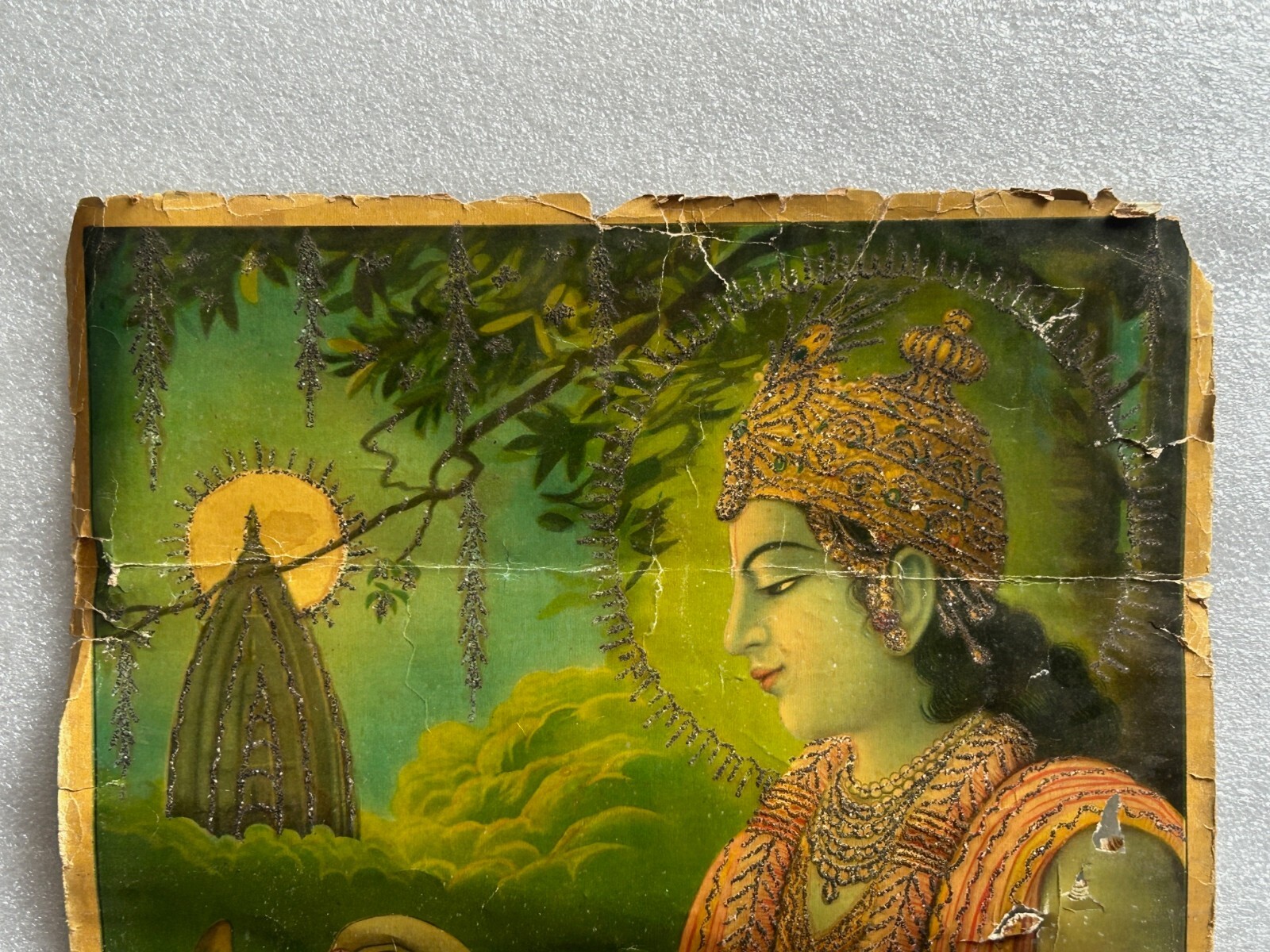 VINTAGE HINDU RELIGIOUS LITHO PRINT GOD KRISHNA SILVER WORK POSTER PHOTO