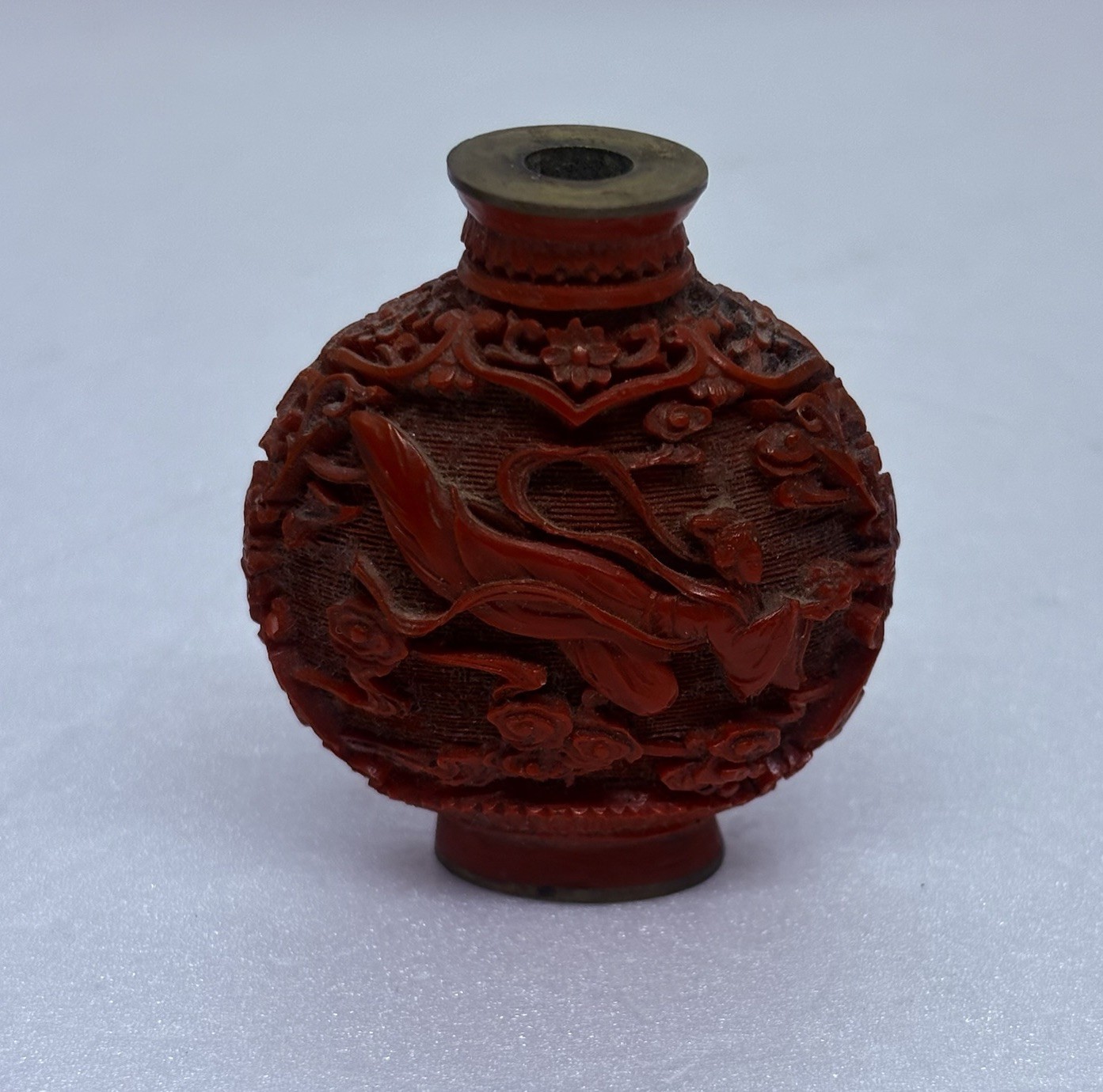 Vintage Chinese Cinnabar Lacquered Snuff Perfume Bottle Heavenly Goddess Art 1