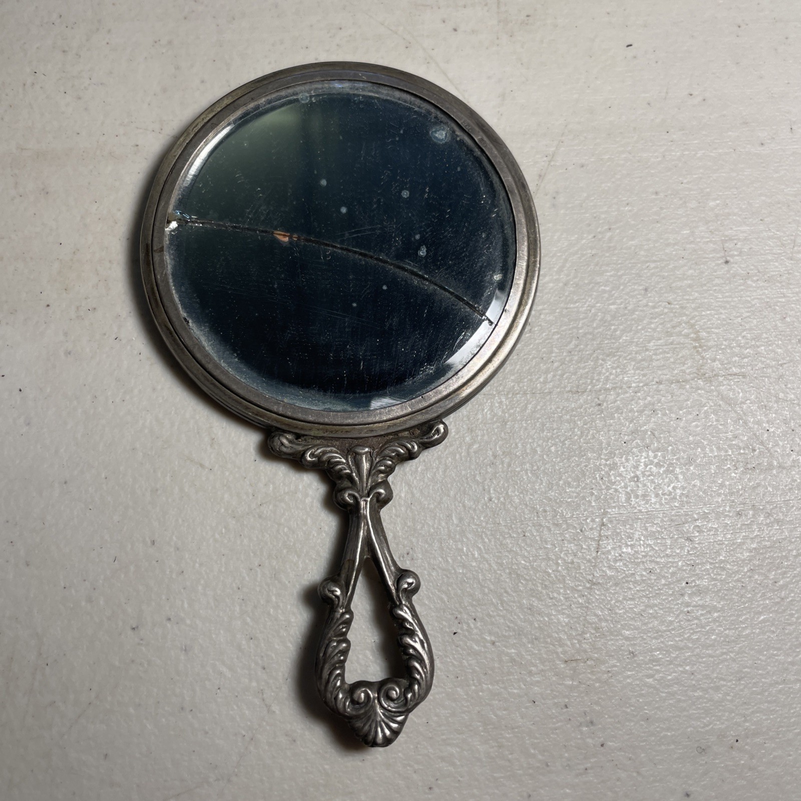 Antique 800 Silver Hand Mirror Ornate Victorian Floral Etched Design Petite