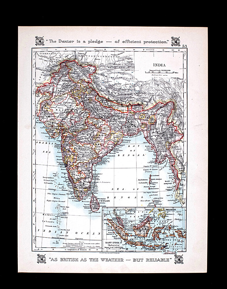 1921 Johnston Map India Nepal Butan Burma Ceylon Bombay Calcutta Mandalay Goa