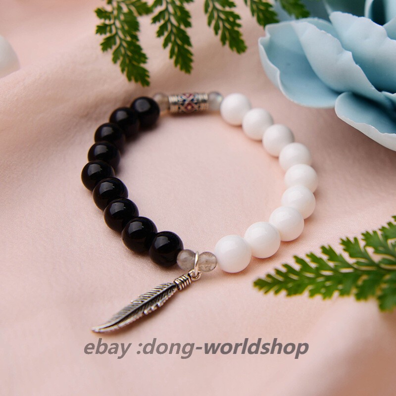 Chinese Black White Agate Silver Plume Ethnic Style Vogue Hand Chain Bracelet