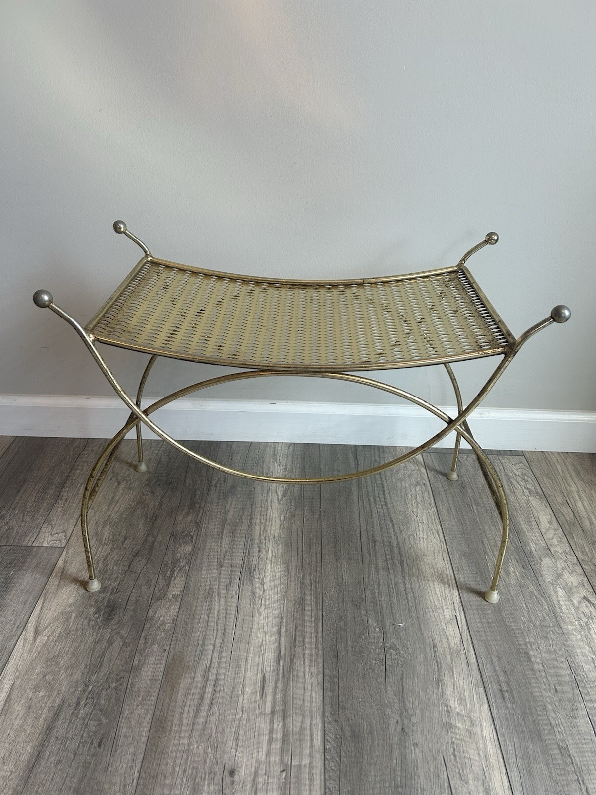 Vintage MCM Hollywood Regency Curved Brass Vanity Bench Seat Stool Gold READ