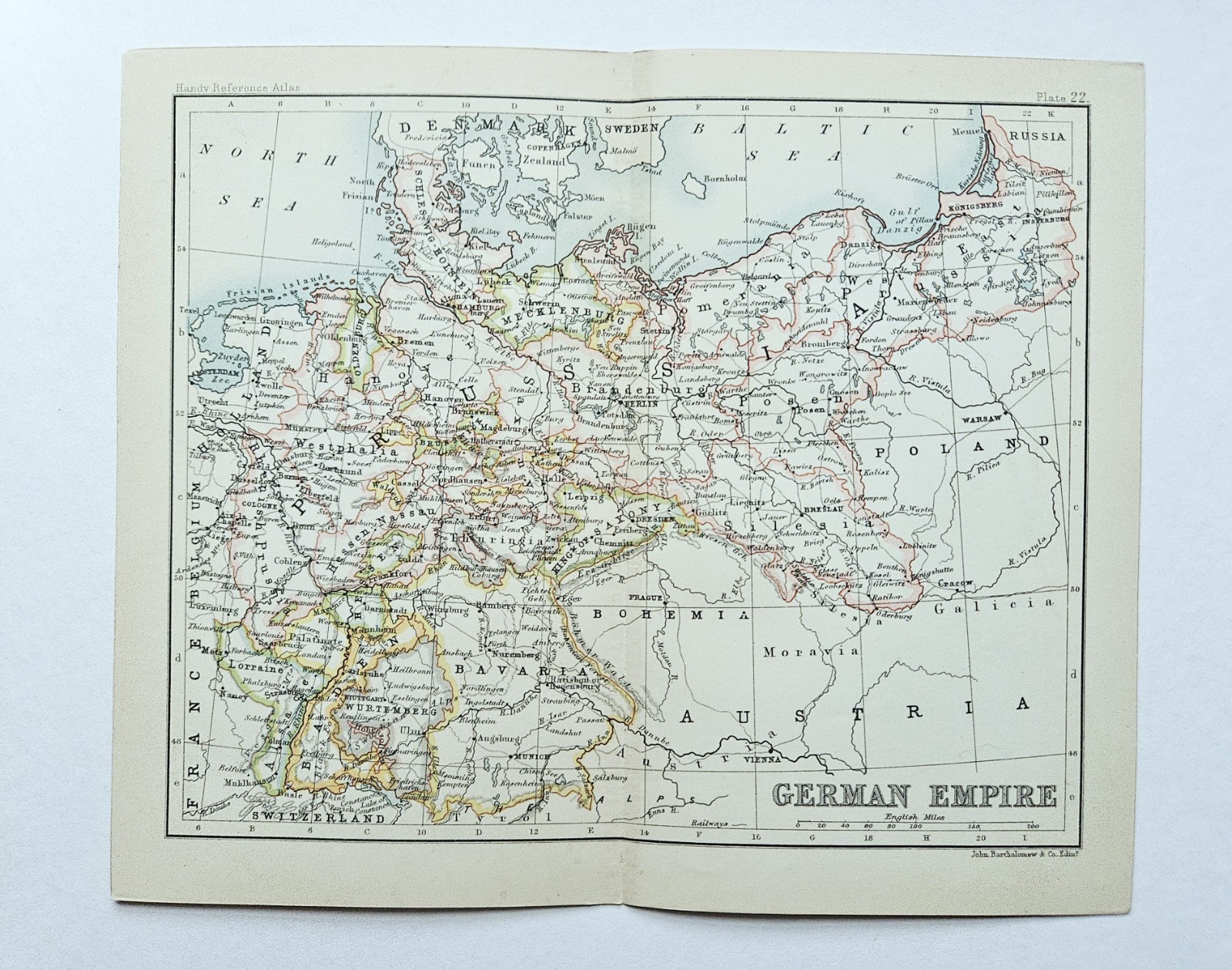 Antique C. 1893 Atlas Map The German Empire By John Bartholomew Orig Plate #22