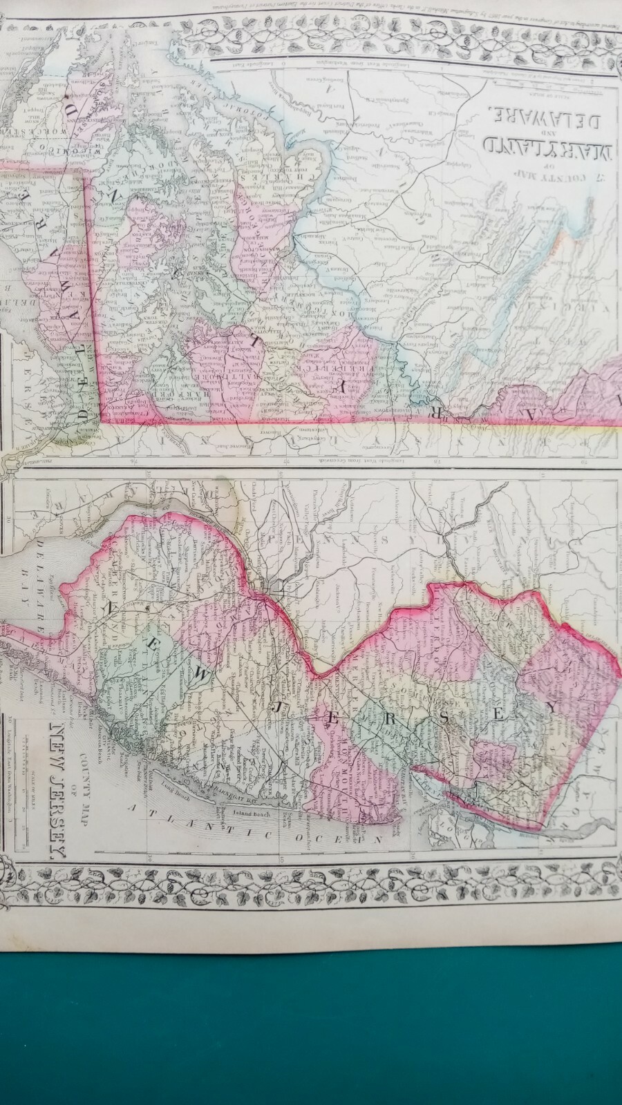 1867 County Map of New Jersey & County Map of Maryland and Delaware hand-colored