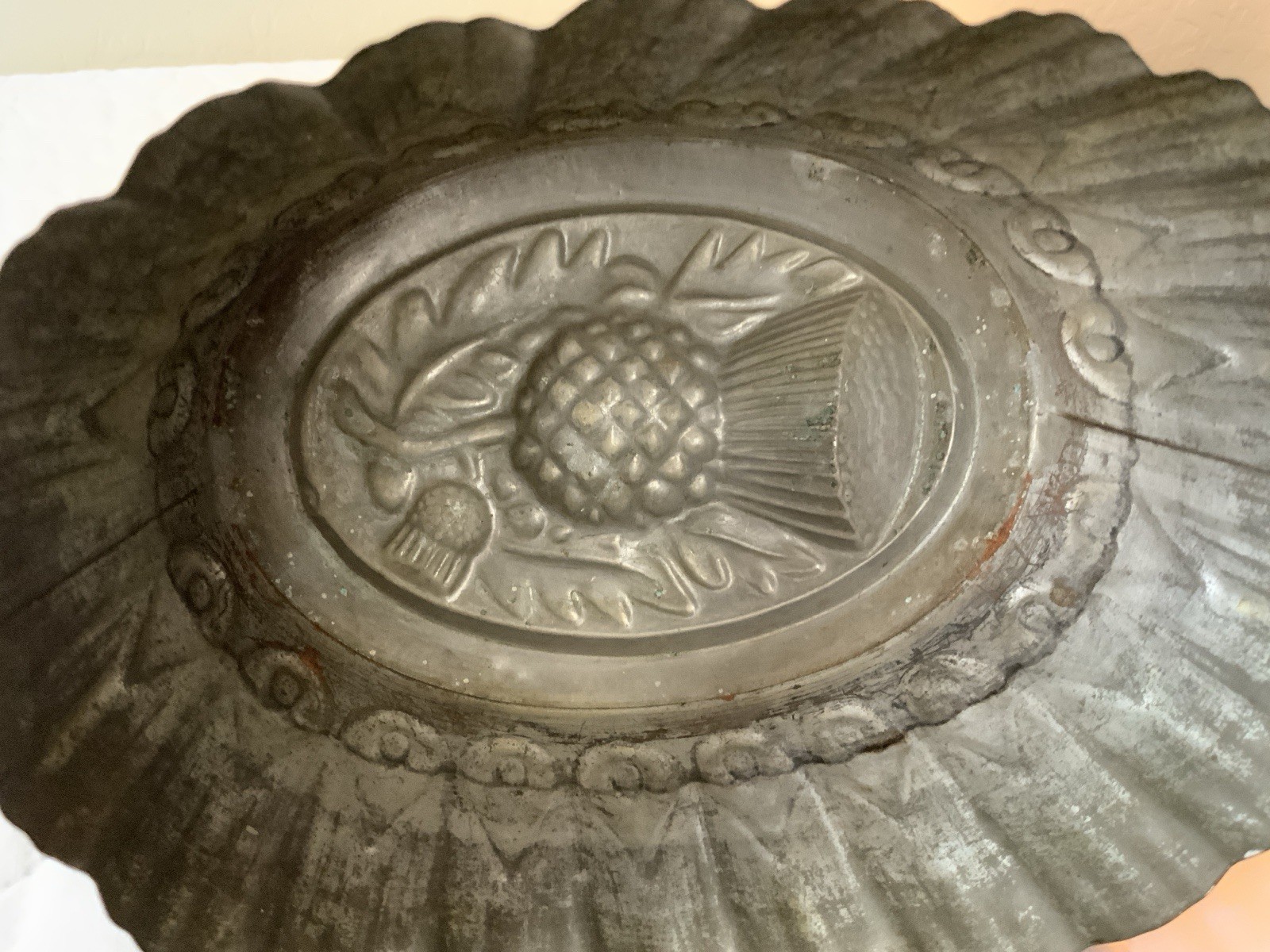 Antique Primitive Tin Mold, Fruit, Leaf, Nut Design Scalloped Edges, Dark Patina