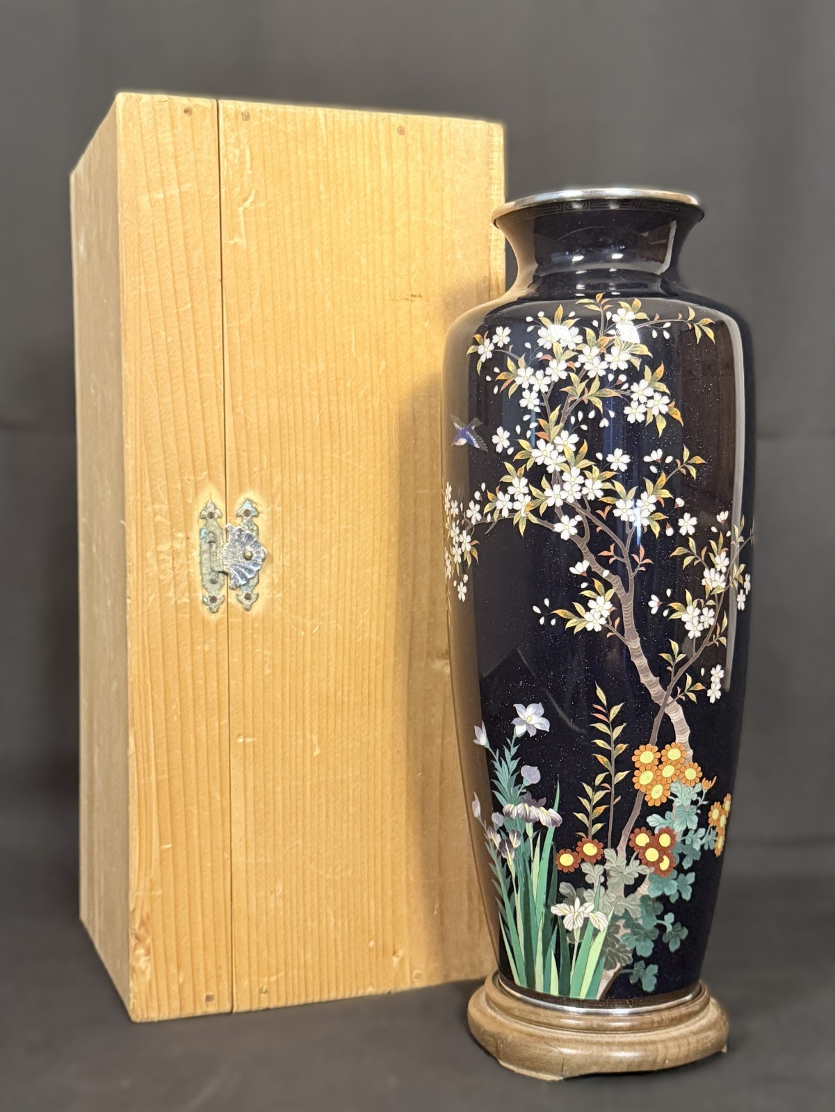 Japanese Fine Wire Cloisonné Vase Bird on Left Cherry Blossom 10”