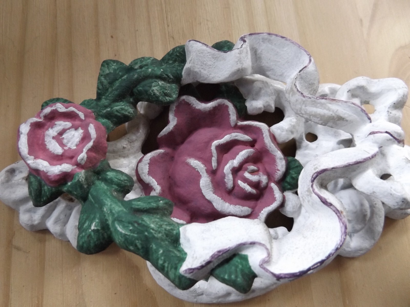 Vintage Rose Design Cast iron Door Knocker White & Red 7” x 4” Victorian Decor