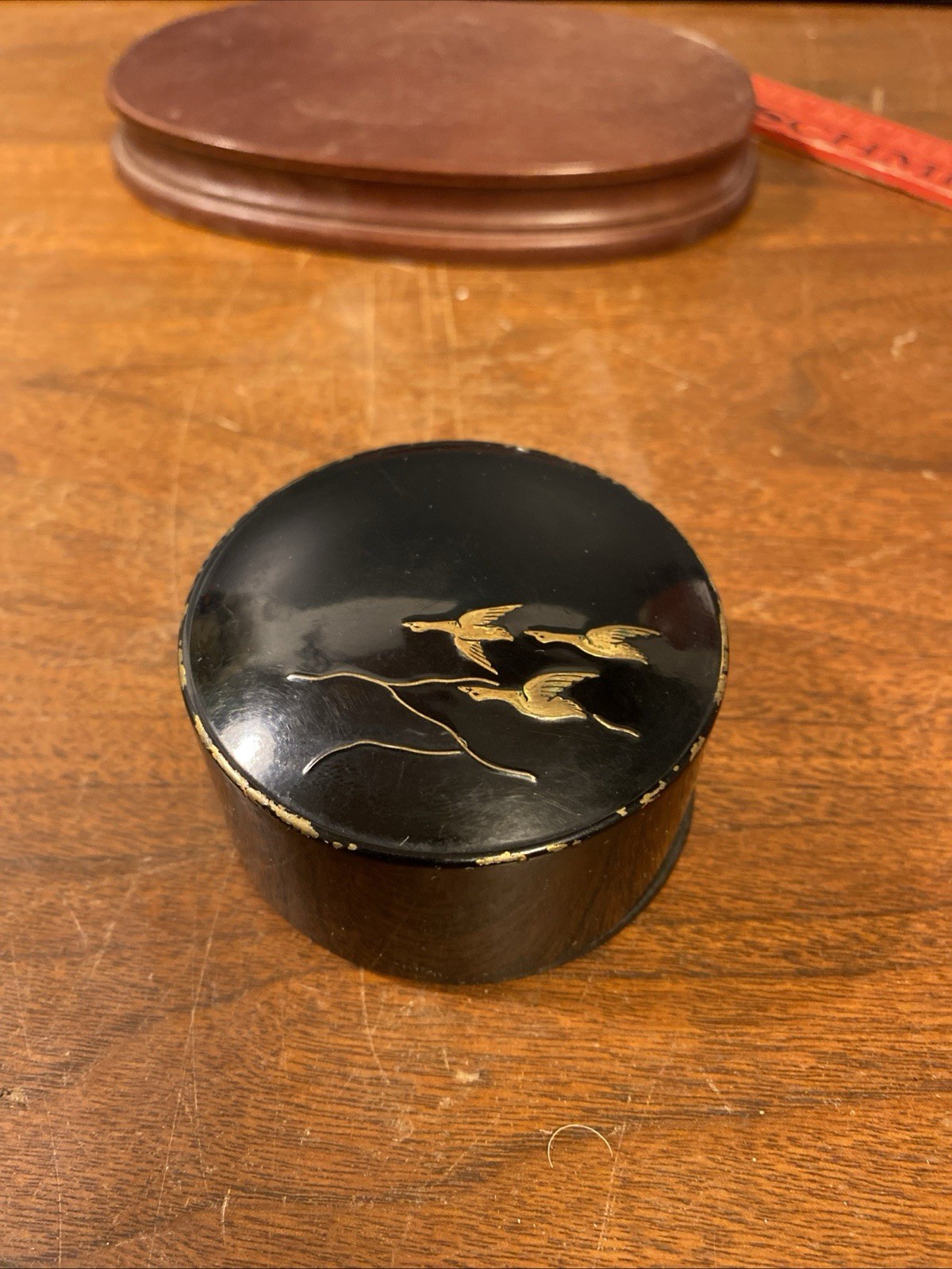 Vintage Brass Lid Round Trinket Box Black Lacquer Yardley Complexion Powder Cont