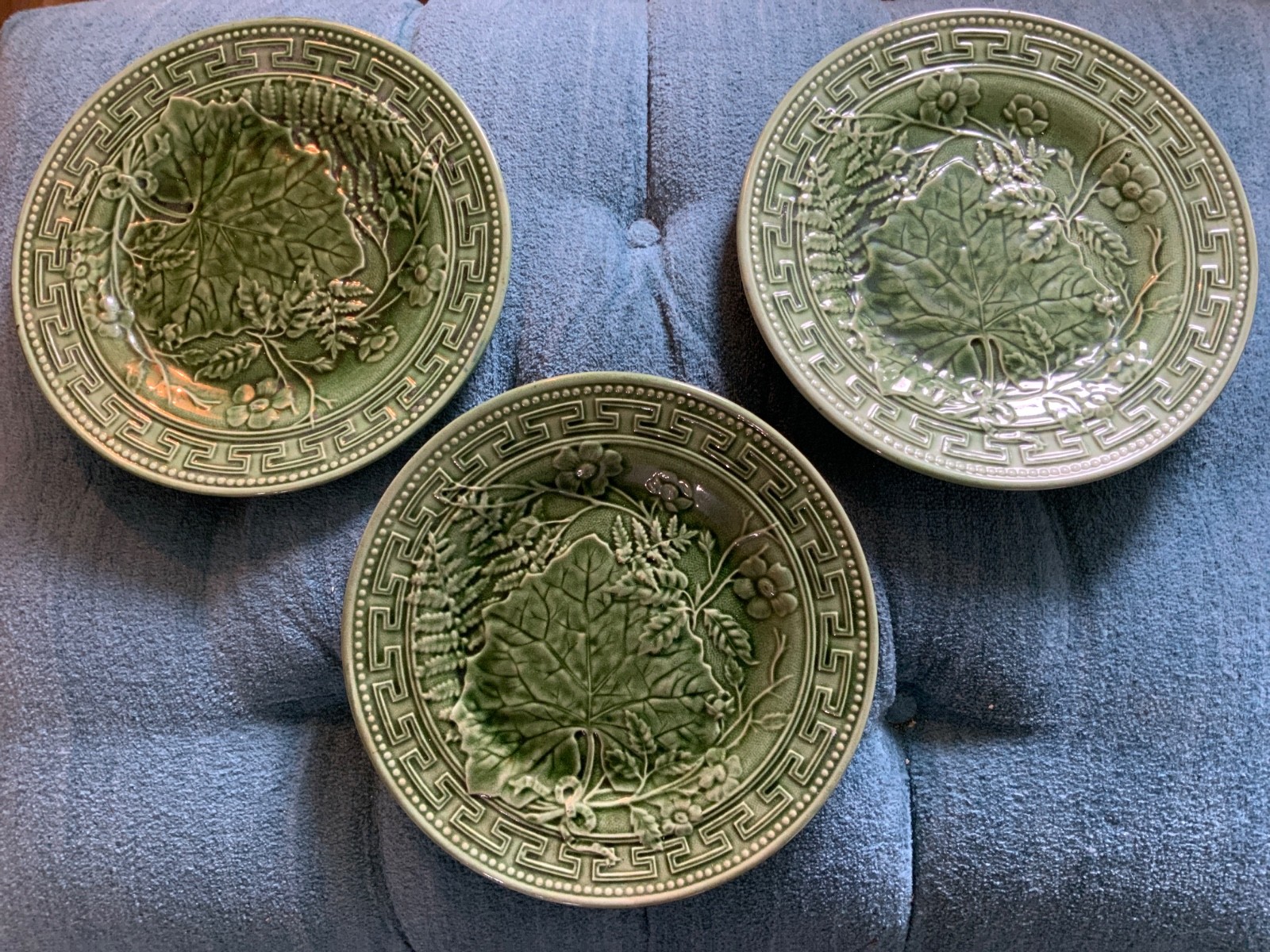 English Set of 3 Greek Key Botanical Design Majolica Plates Light Olive Green