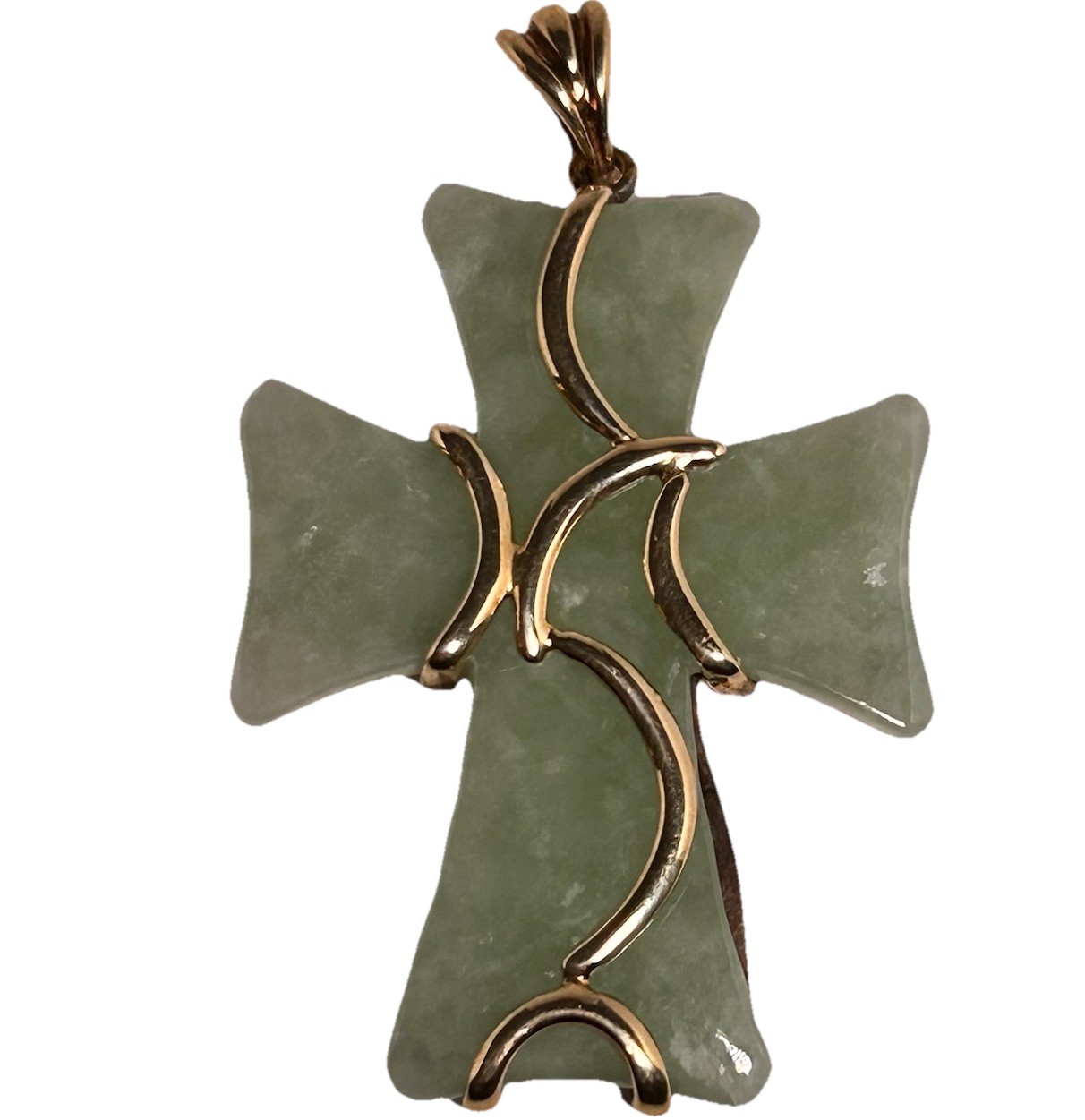Vintage 1.5in Carved Nephrite Jade Cross Pendant w/10k gold wire setting.