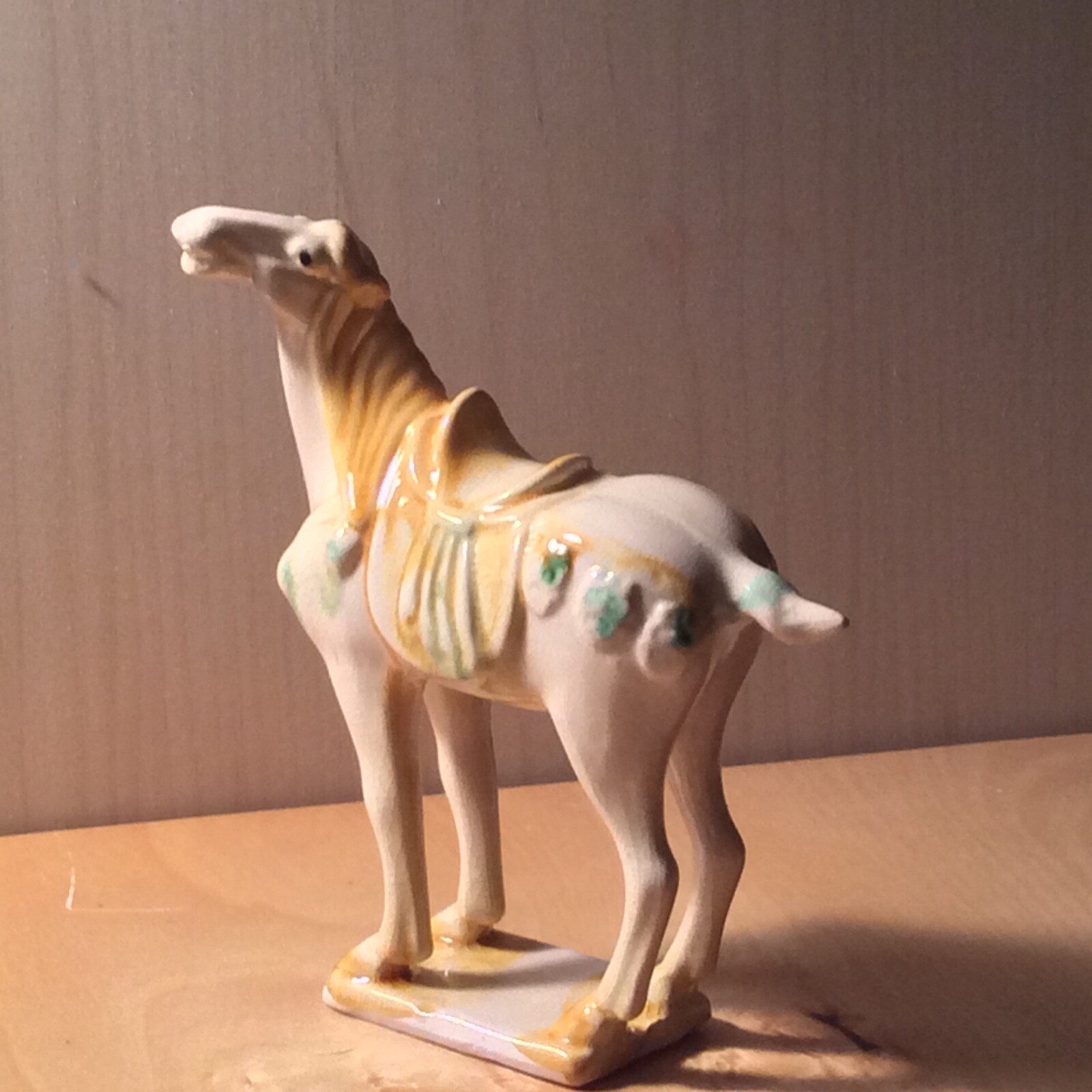 Tang Dynasty Sancai Glaze Chinese War Horse Tan on Cream/White  6” Tall Vintage 