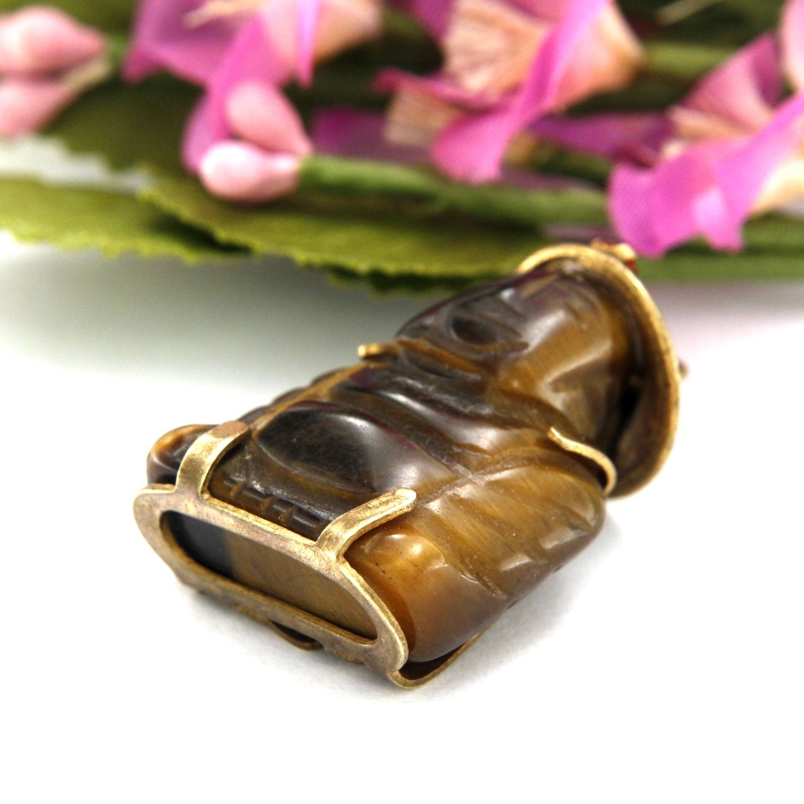 Carved Tiger Eye Stone Chinese Asian Buddha Buddah Vintage Estate Pendant Amulet