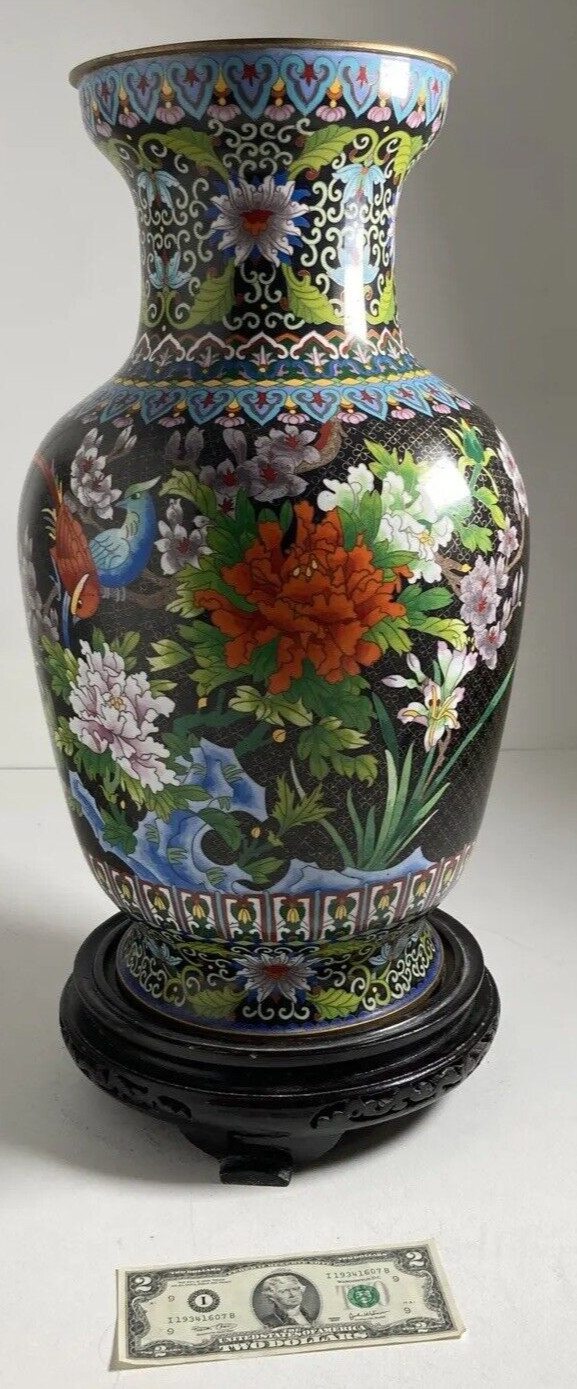 Vintage Original Huge 20.5″ Cloisonné Vase Fine Detail Flowers Birds Butterflies
