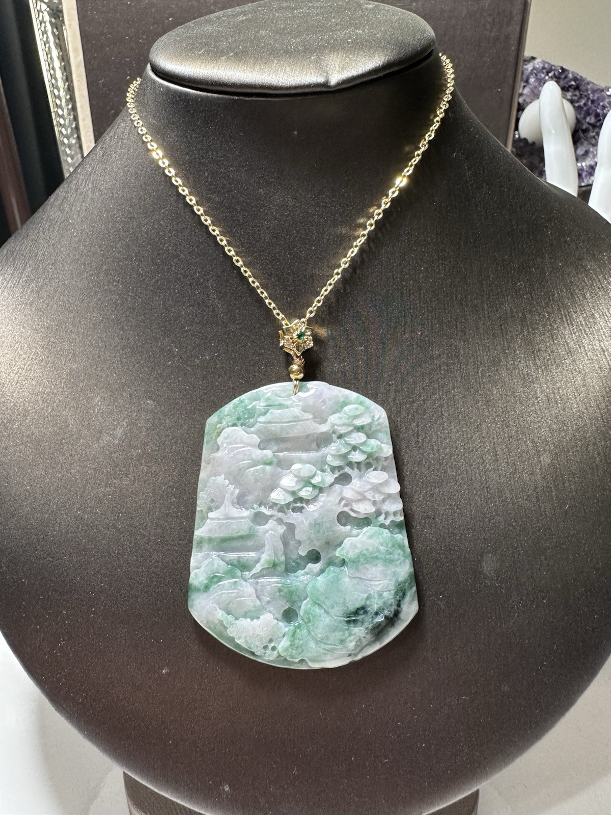 Certificate Carved Jadeite Jade Landscape Pendant with gold plated Necklace(A-3)