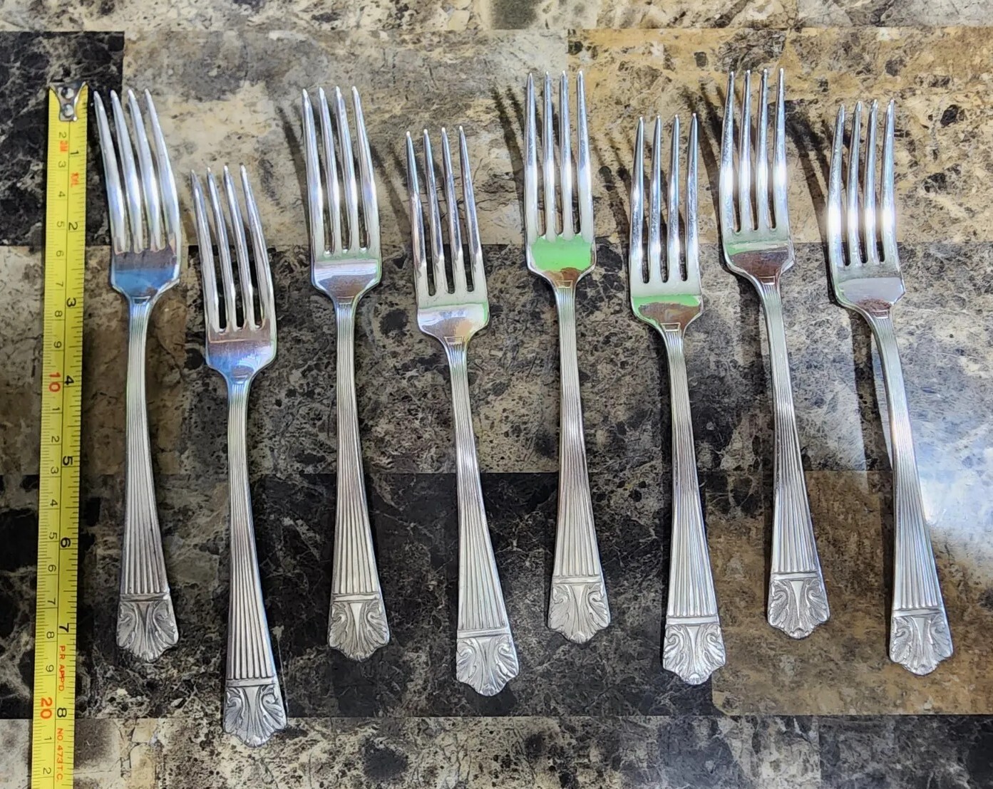 🔎LOT OF 8 ART DECO c1935 QUEEN ESTHER SILVERPLATED “7 1/8” PLACE – DINNER FORKS