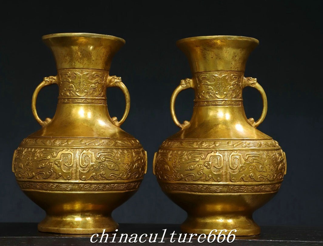 9” Qing Dy Bronze Gilt Double Dragon Ears Beast Face Pattern Bottle Vase Pair
