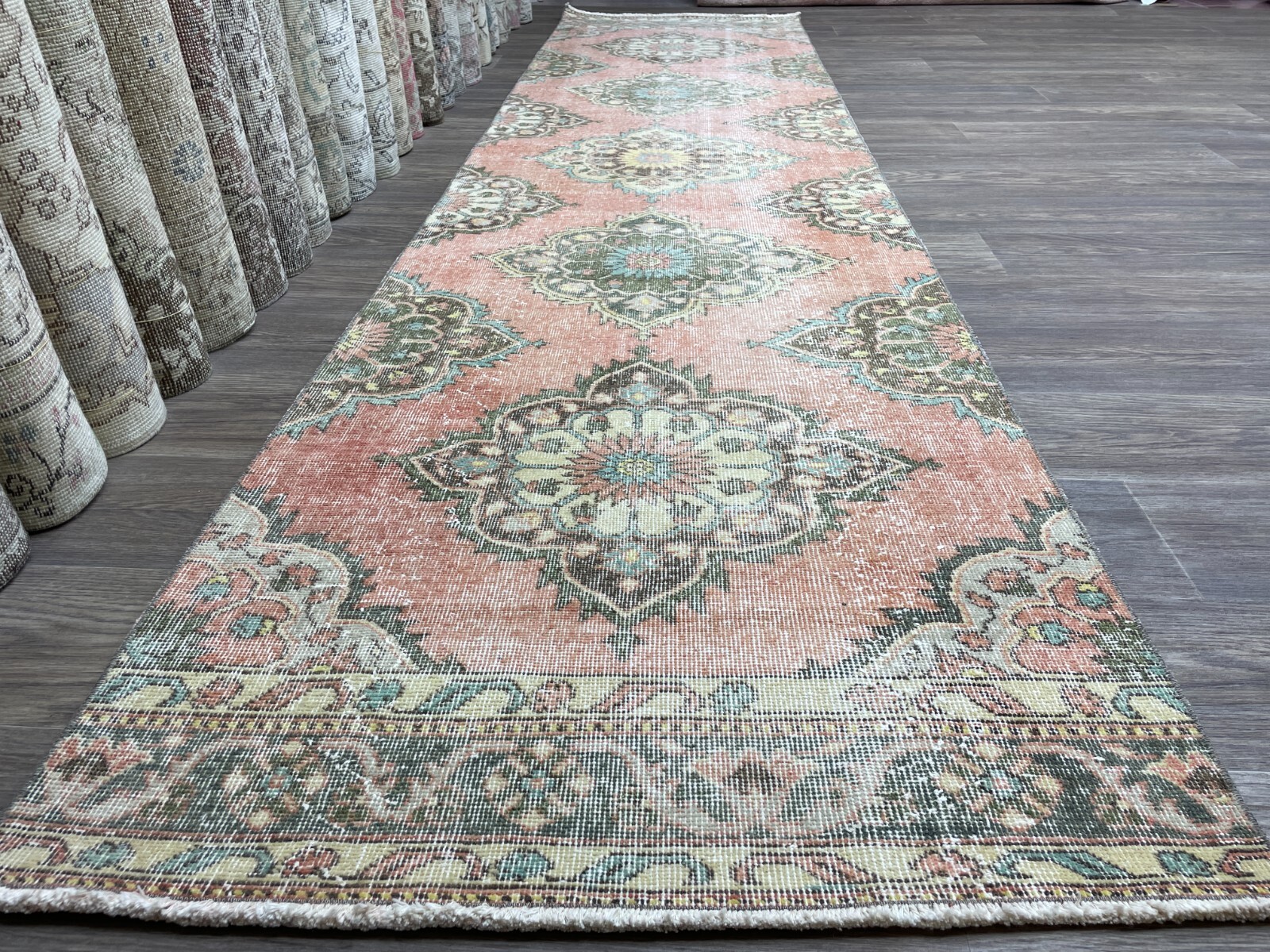 3×12 Faded Red Green Turkish Runner Rug, Hand-Knotted Vintage Hallway Runner