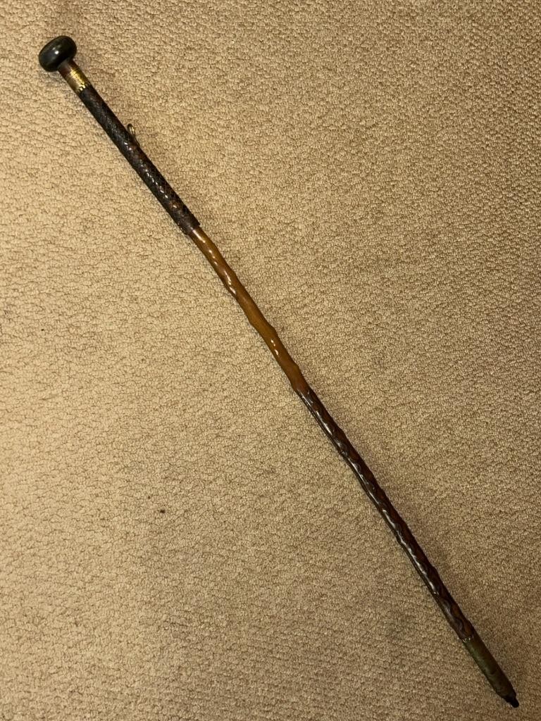 Antique Medlar Basque Makhila Walking Stick Bovine Horn Top & Brass Details