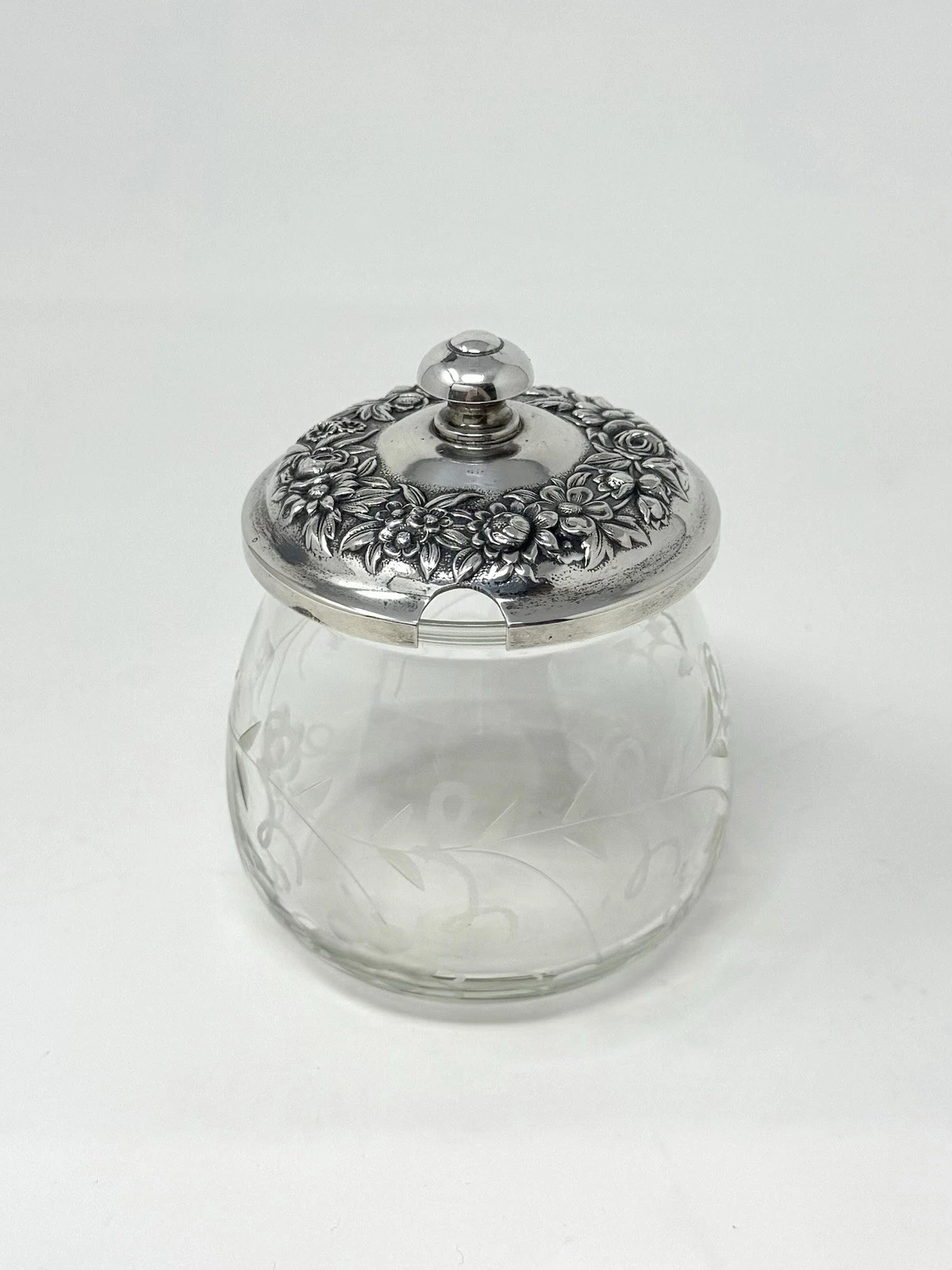S Kirk & Son Sterling Silver Repousse Lid #20F Etched Glass Jelly Jar