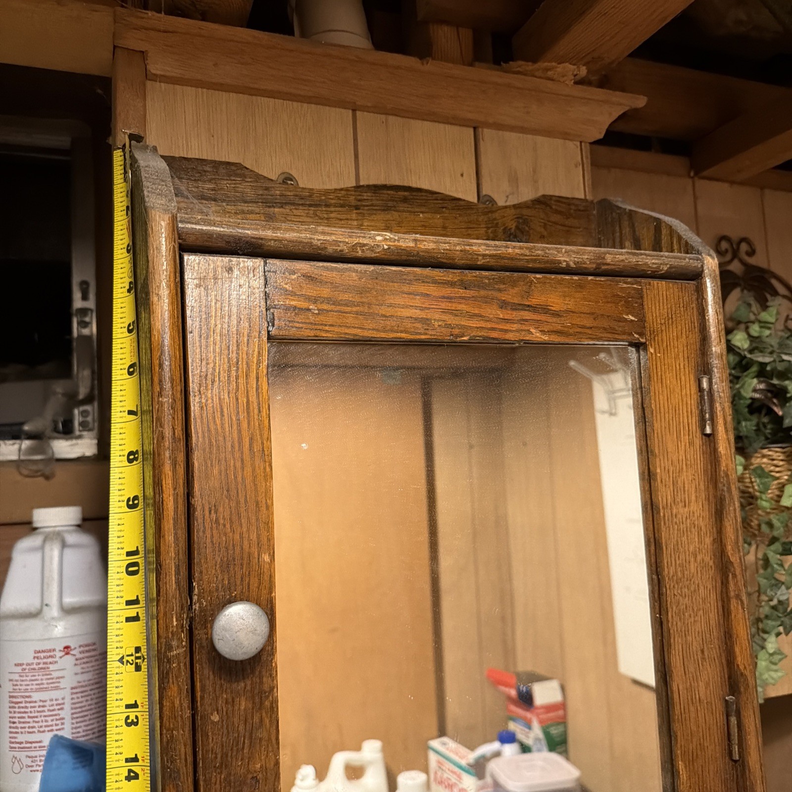 Antique Oak Bathroom Medicine Cabinet with Mirror and Towel Bar 1930s
