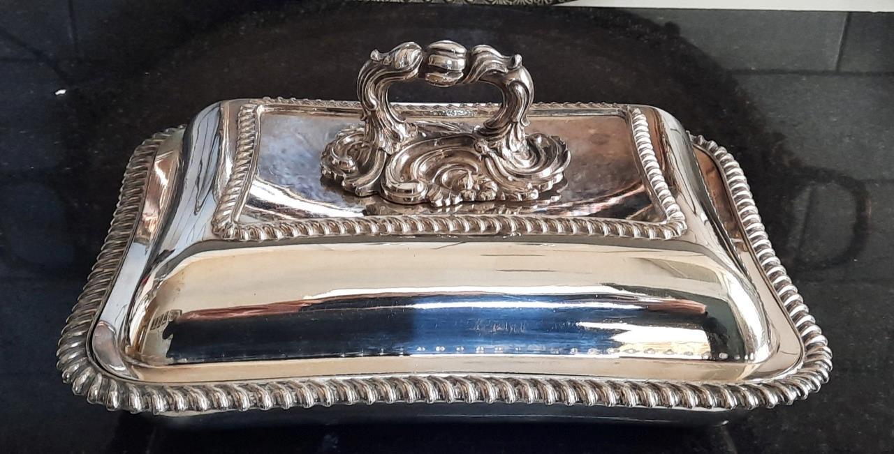 Fine Antique Silver Plated Rectangular Entree Dish with Ornate Handle C 1850