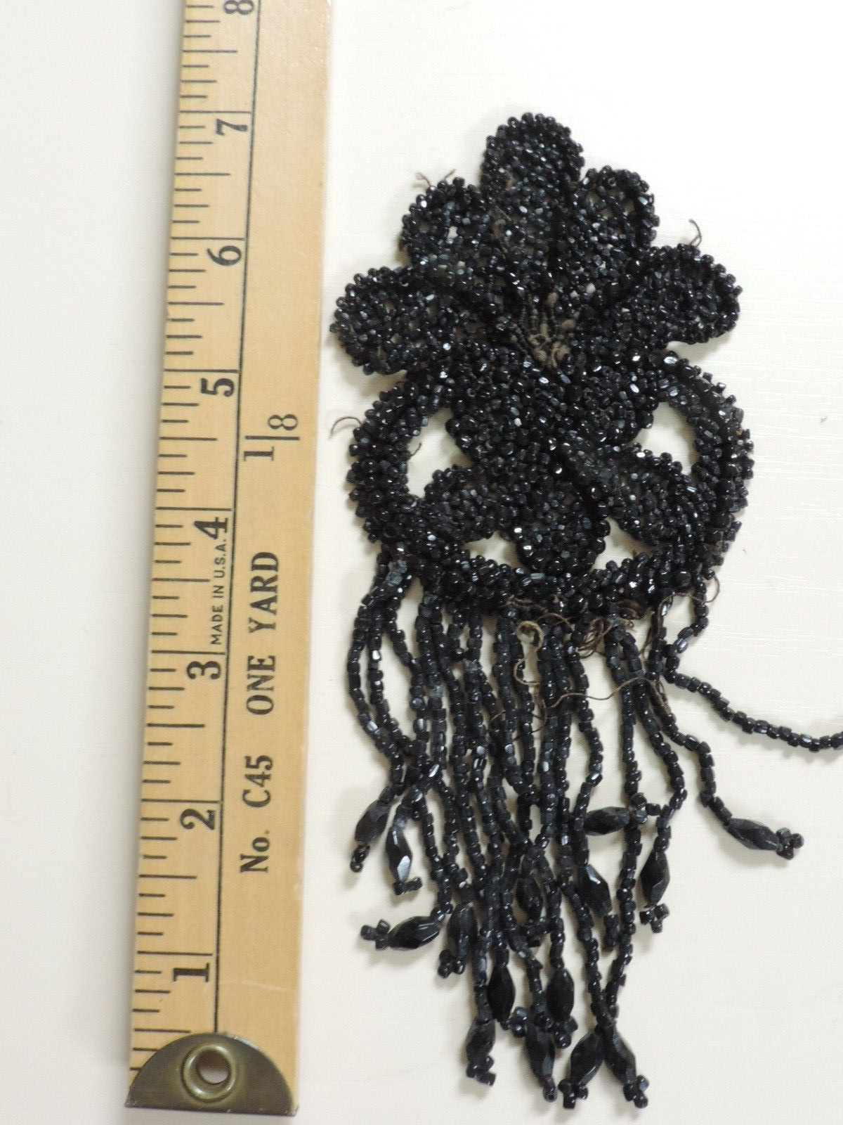 1890s Victorian Handmade Fine Thread Beaded Morning Trim Appliqué Black 3″ x 7″