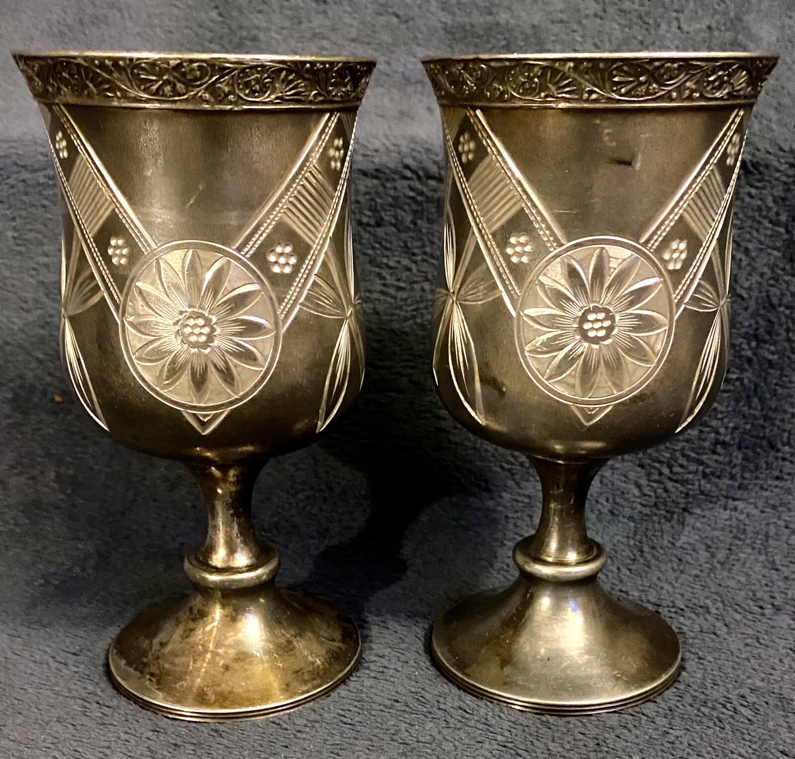Antique Rockford Silver Plate Hand Chased Quadruple Plate Pair Of Goblets 5.5”