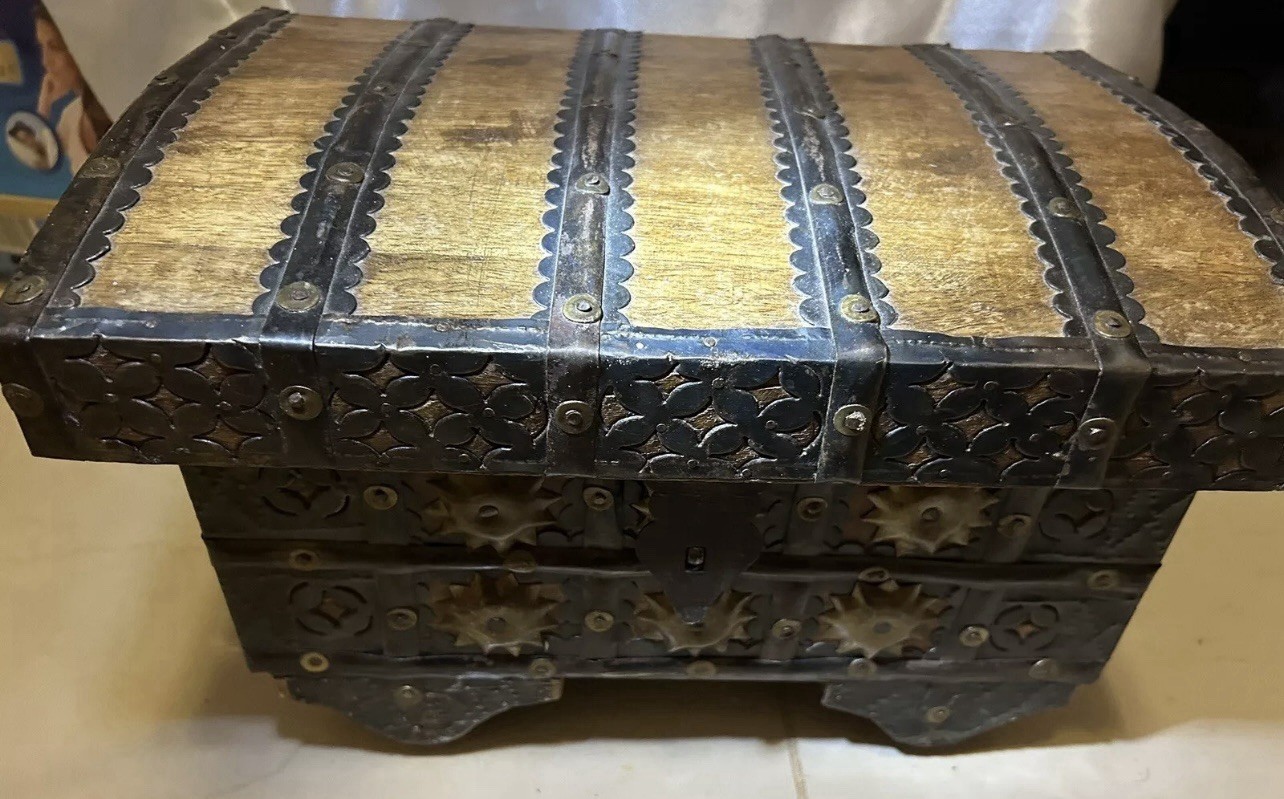 Vintage Indonesian Coffer – Chest- Box-trunk Brass Iron And Wood On Wheels